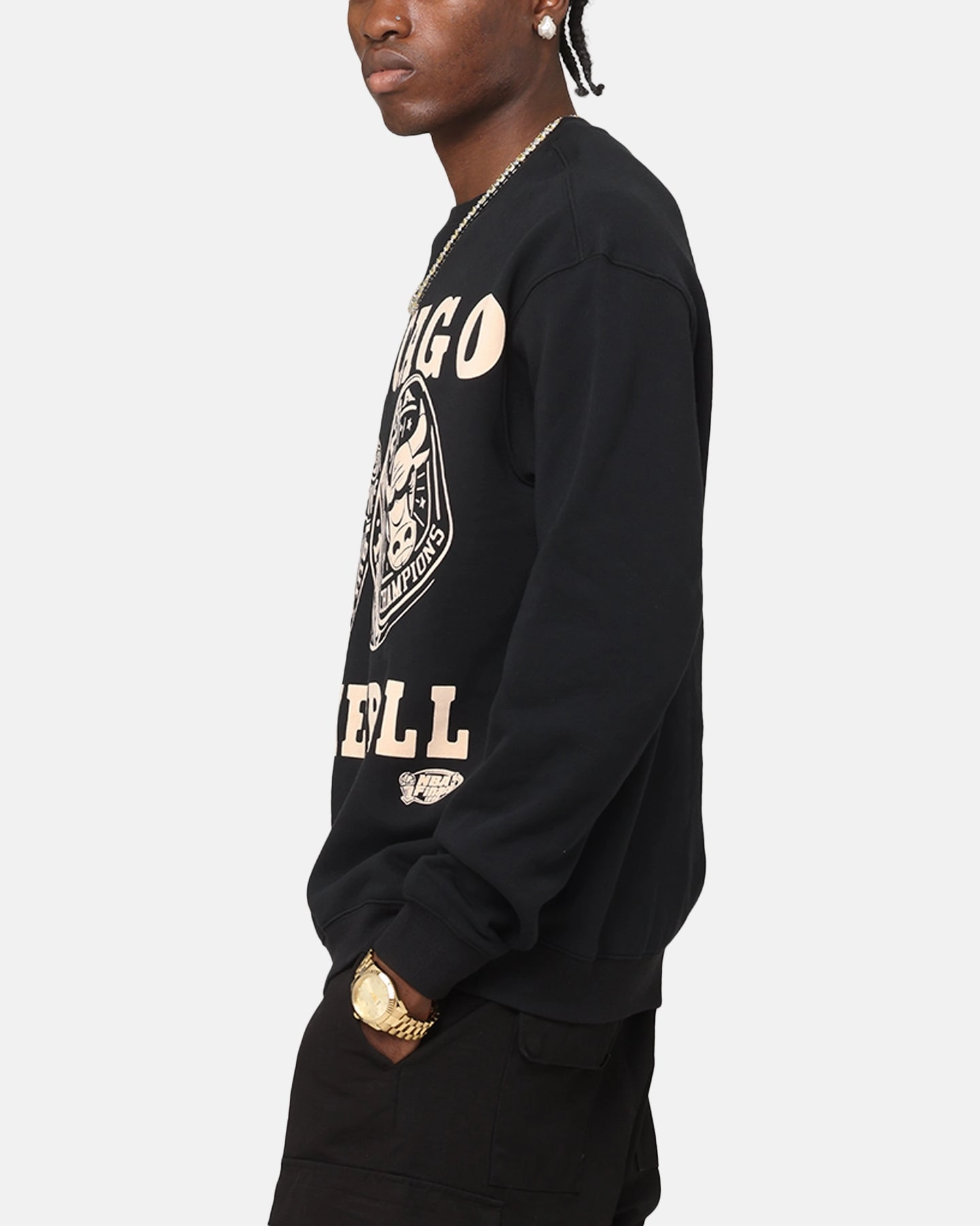 Four Way Stretch Fabric Mitchell & Ness Chicago Bulls Rings Crewneck Black