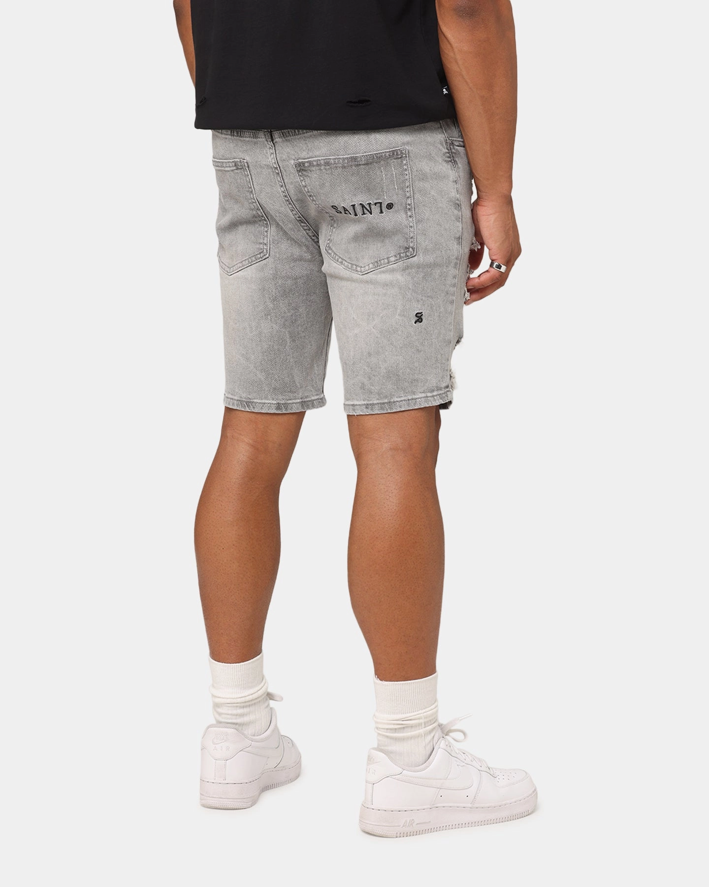 Easy Match TaglessLabeling Saint Morta Dynasty Thrash V2 Denim Shorts Vintage Grey