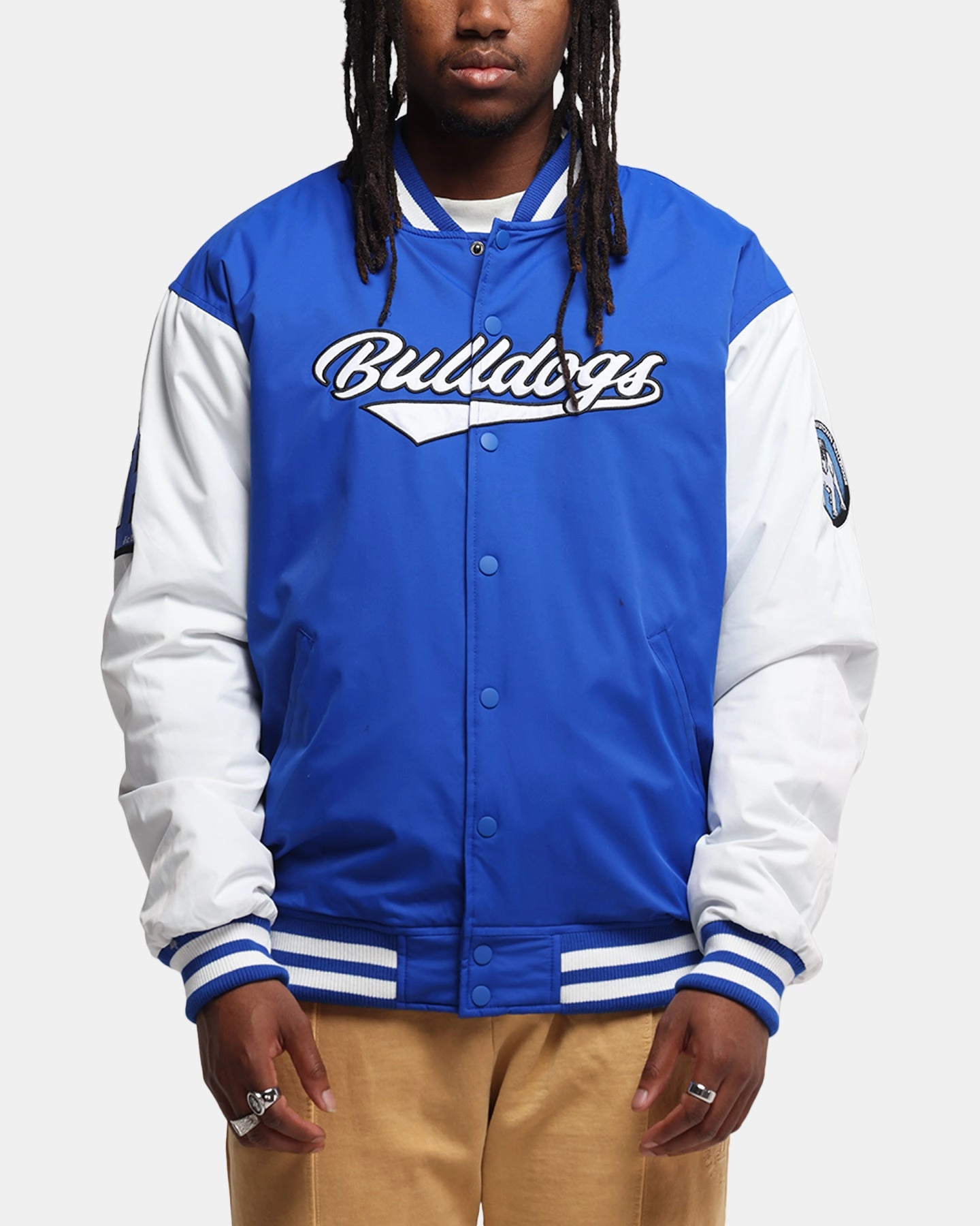 Bleacher Athletic Canterbury-Bankstown Bulldogs NRL 1908 Baseball Varsity Jacket Official Team Colour suitable for formal meetings petite size