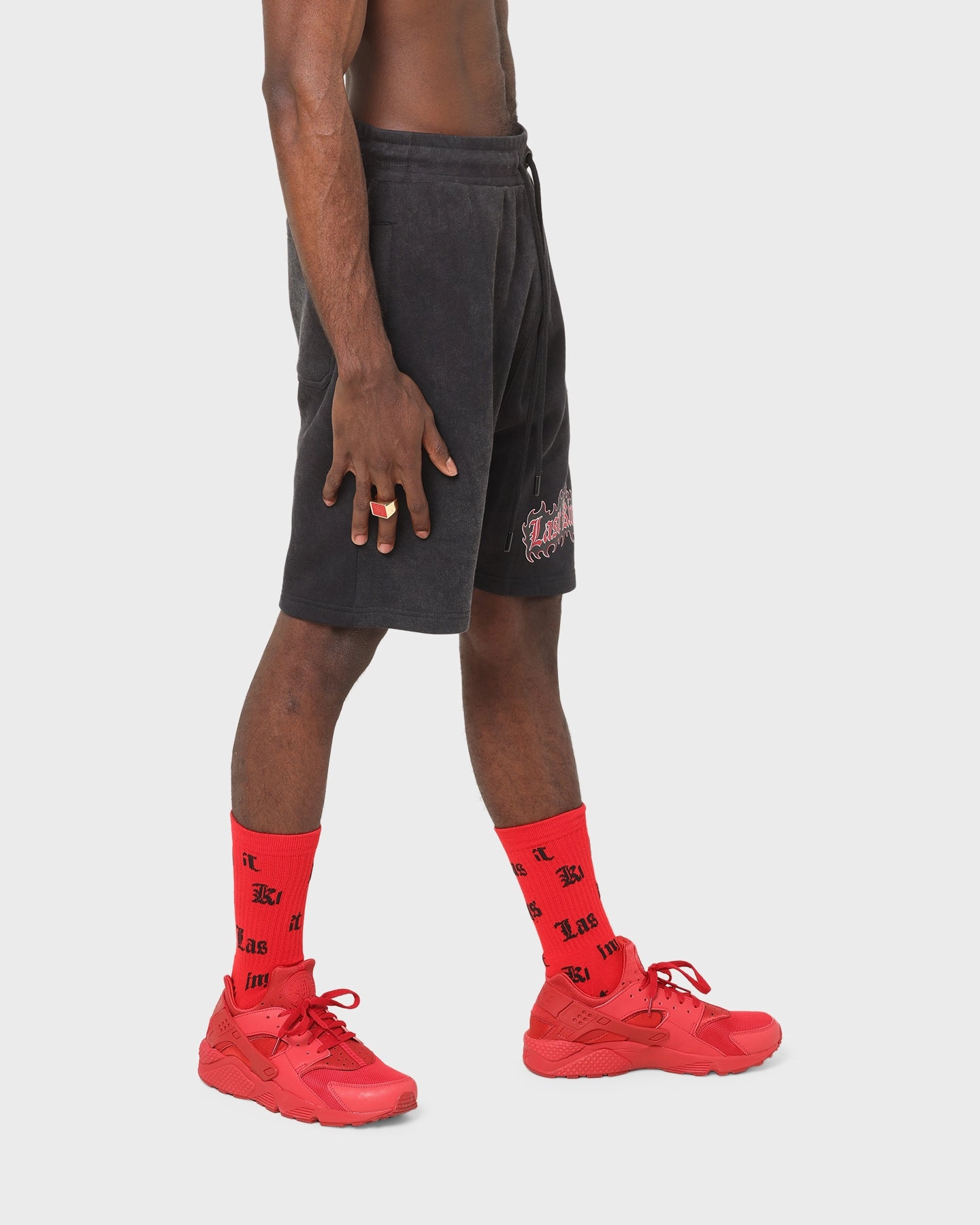 Last Kings Flaming Wings Sweat Shorts Black Wash Tagless label