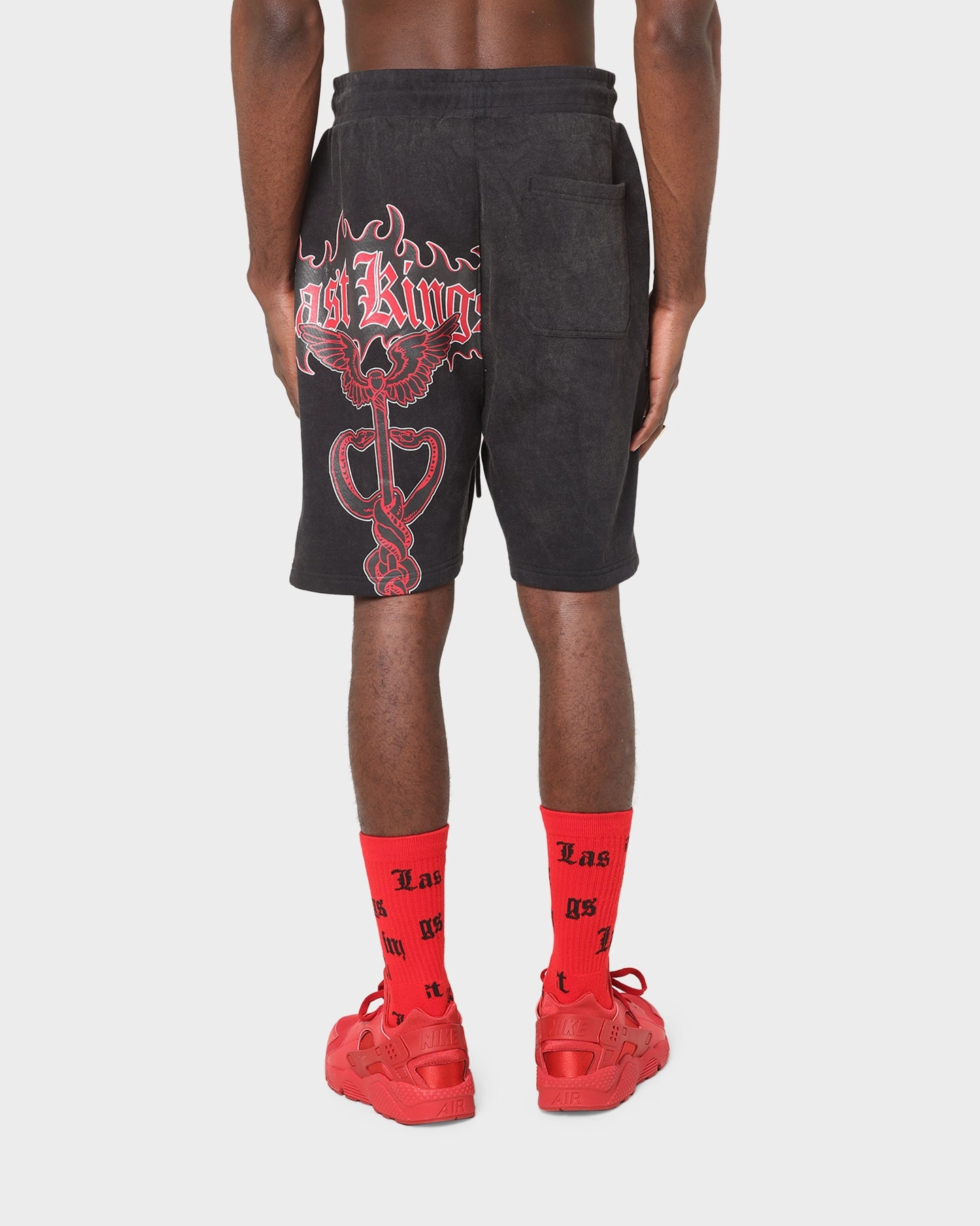 Last Kings Flaming Wings Sweat Shorts Black Wash construction work nylon blend