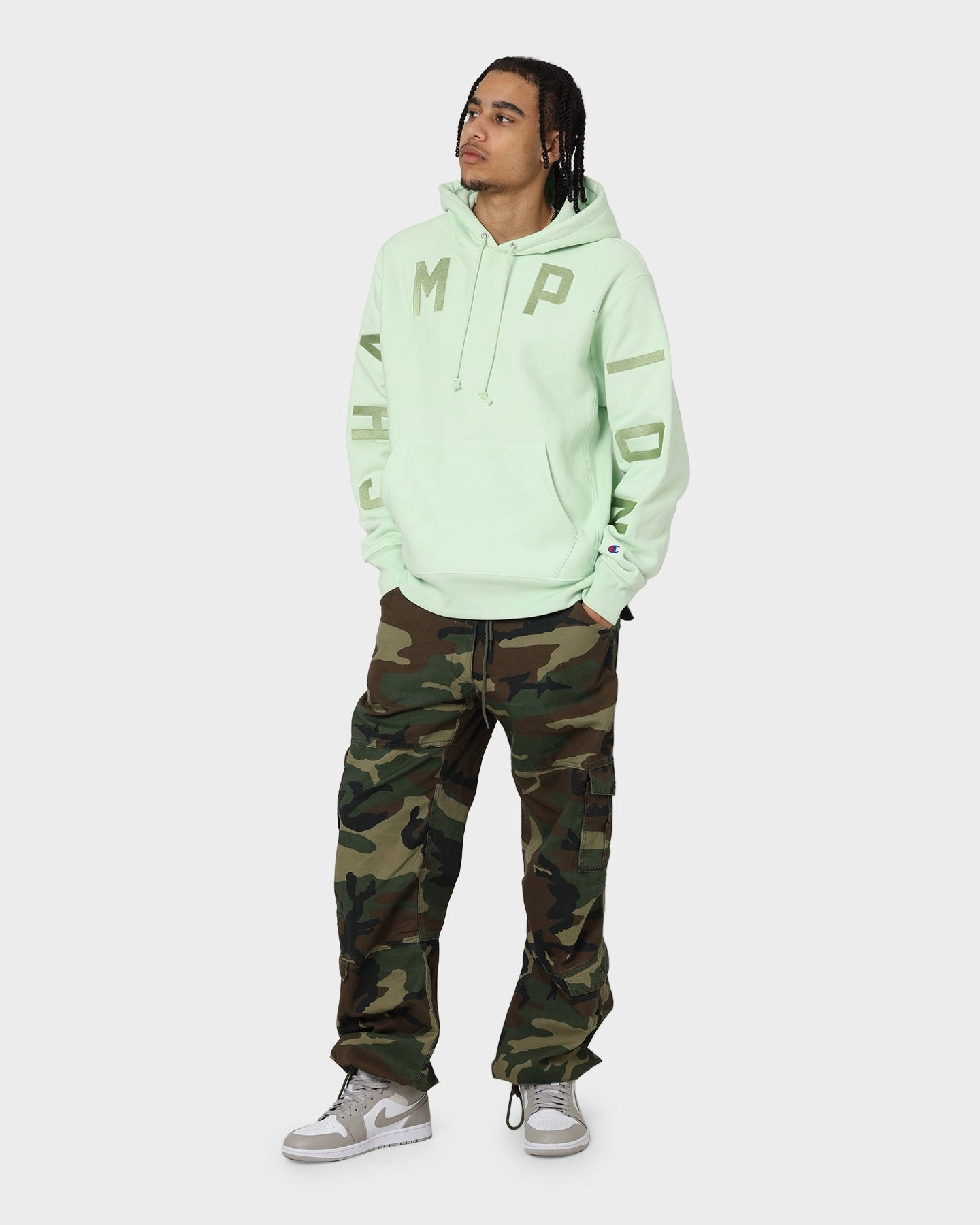 Champion Reverse Weave Arch Logo Hoodie Tuft Green tag Assist