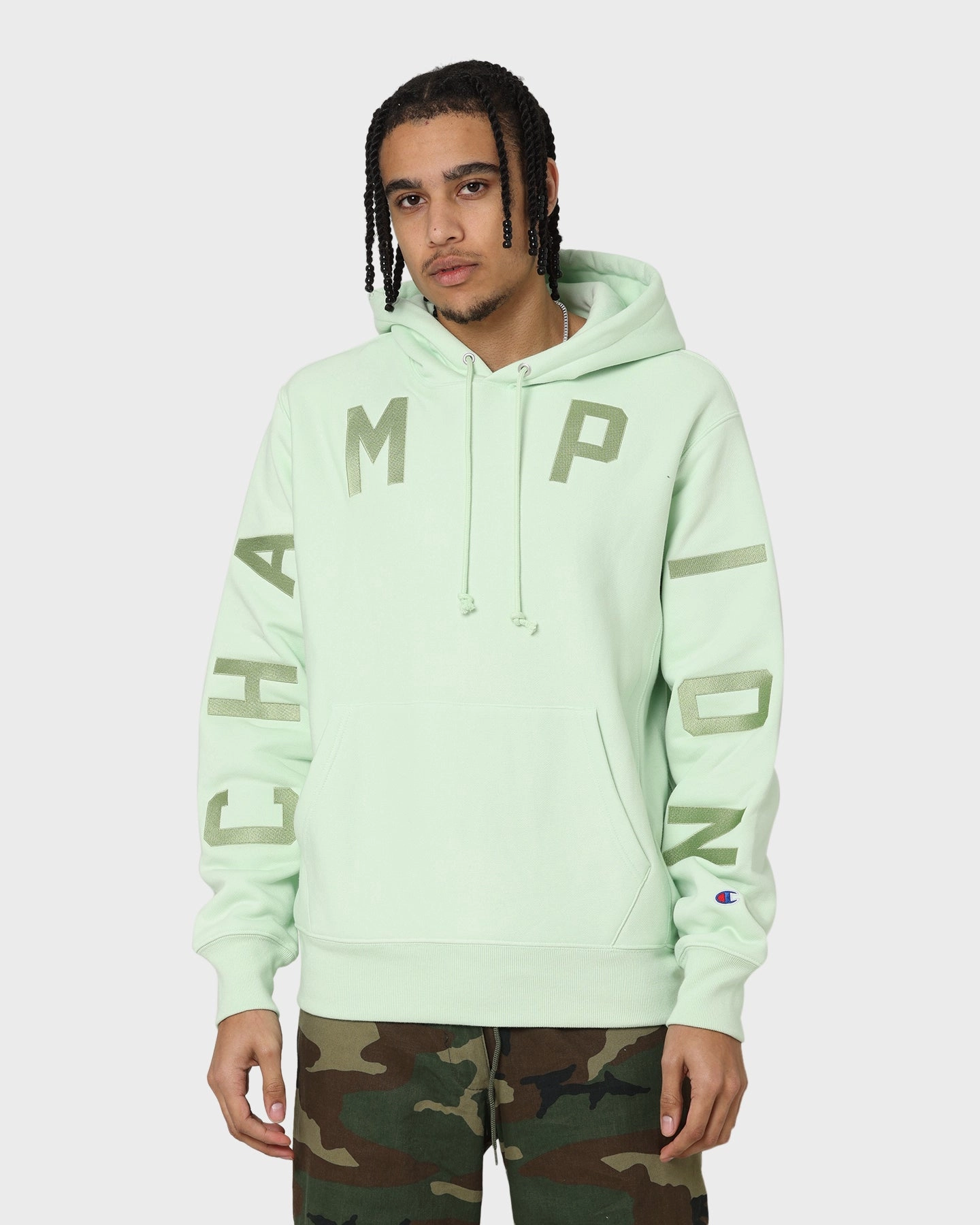Warm Layer Champion Reverse Weave Arch Logo Hoodie Tuft Green