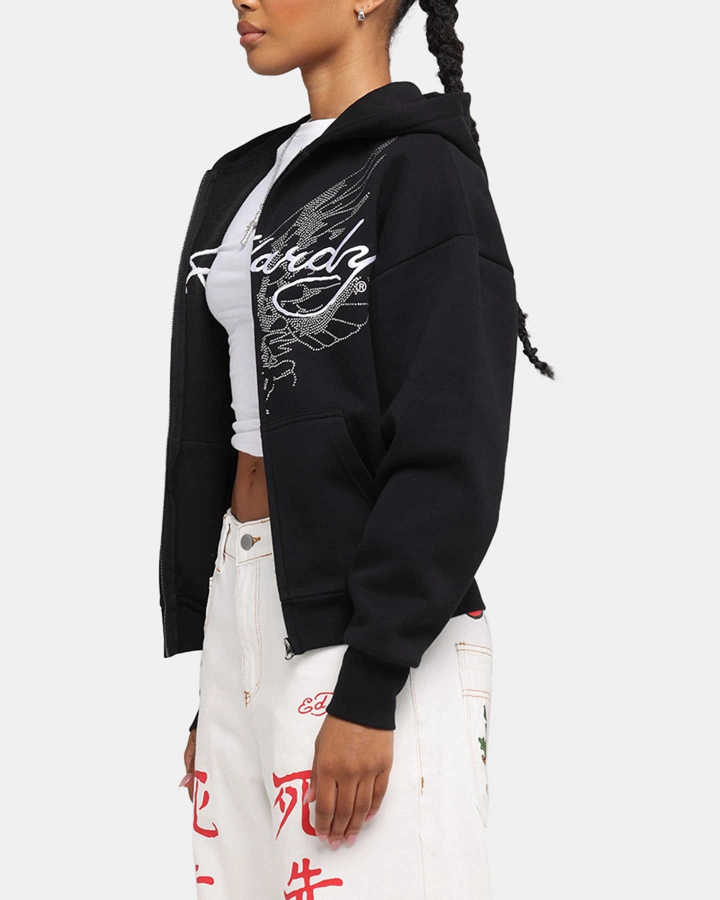 Ed Hardy Eagle Rhinestone Zip Hoodie Black Reinforced Elbow Patches