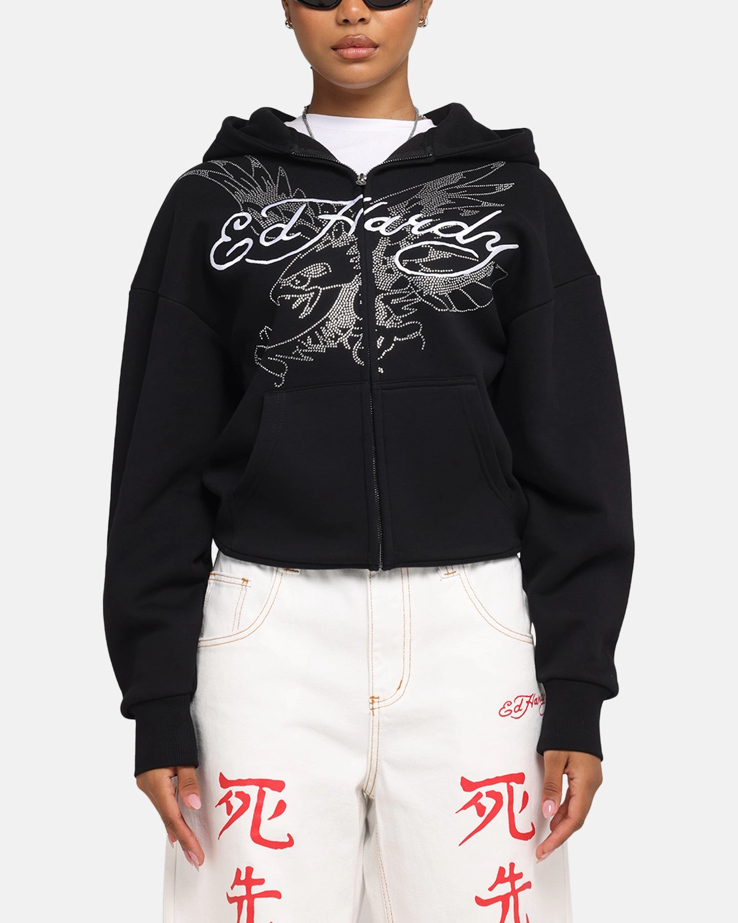Stretchable Material Ed Hardy Eagle Rhinestone Zip Hoodie Black