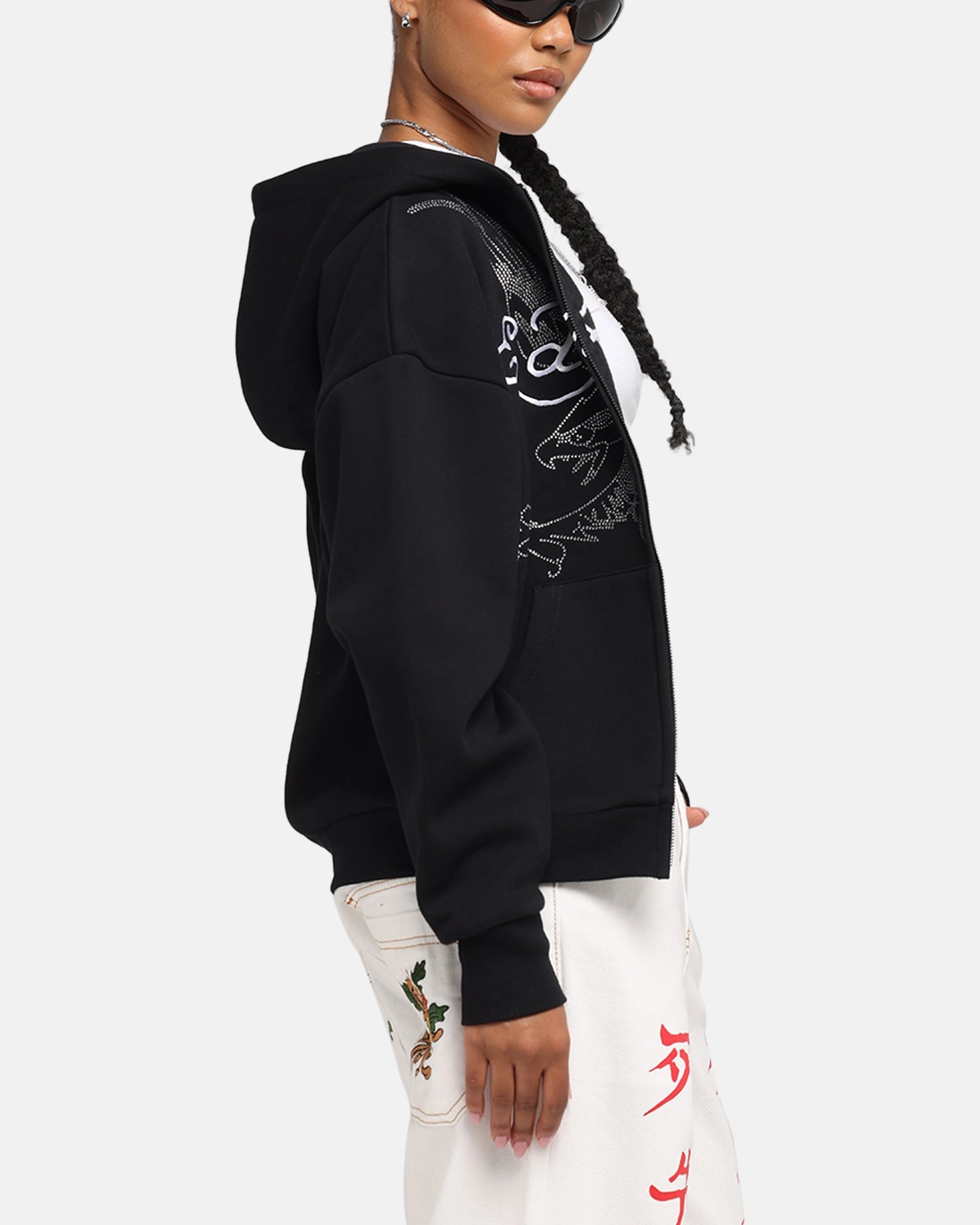 Quick Dry Tech Ed Hardy Eagle Rhinestone Zip Hoodie Black