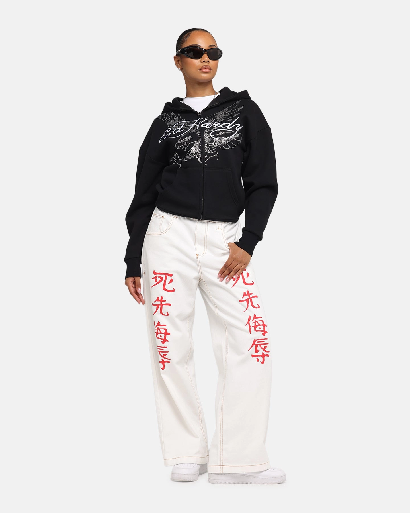 Street Fashion Heavy Duty Ed Hardy Eagle Rhinestone Zip Hoodie Black