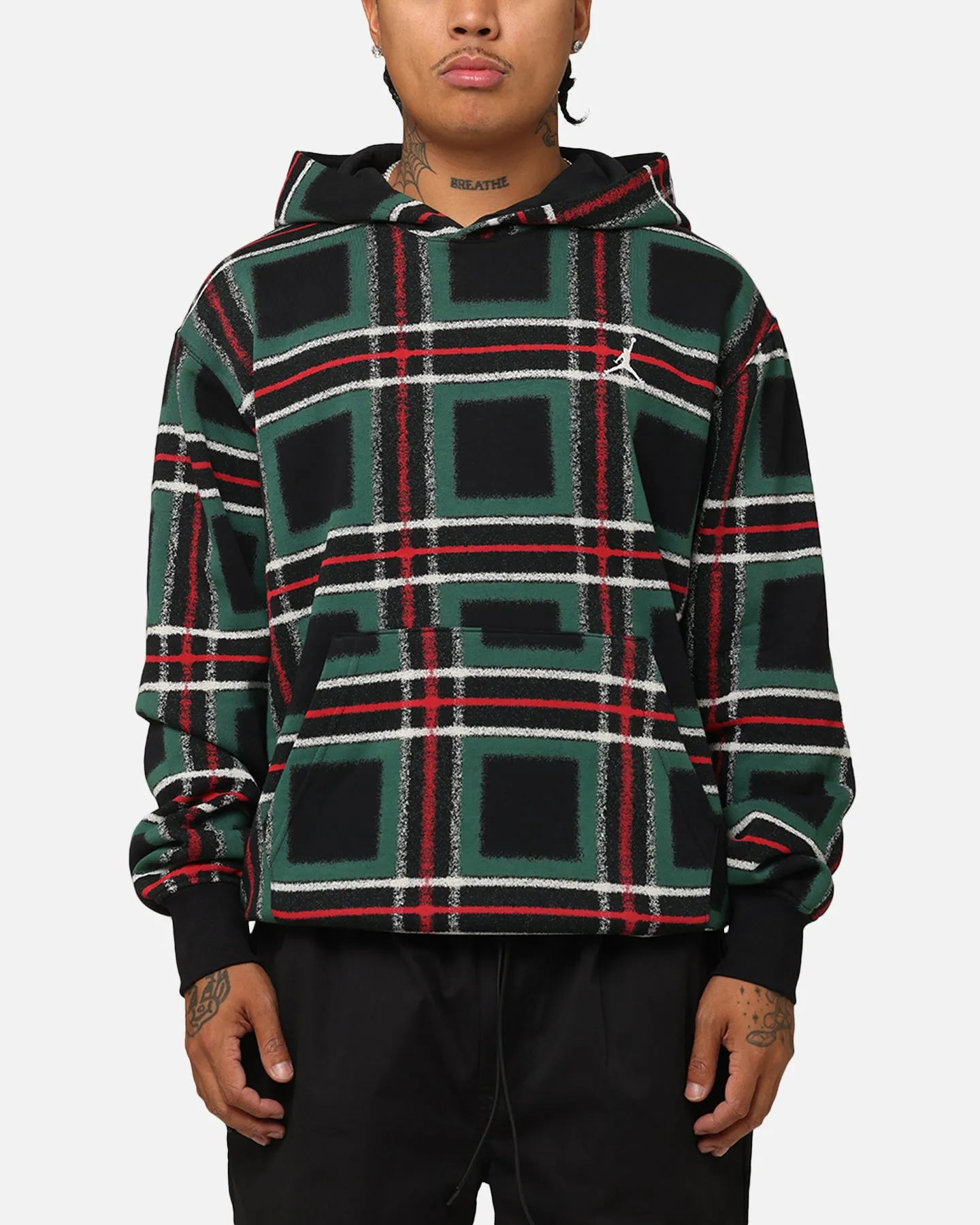 Jordan Essentials Holiday Fleece Pullover Hoodie Black/Sail Articulated Seams Stretch Knit Fabric