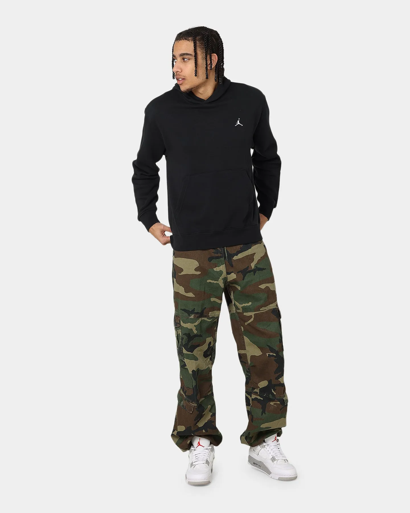 Jordan Essential Fleece Pull Over Hoodie Black/White Grid Fleece Lining Sports Jacket