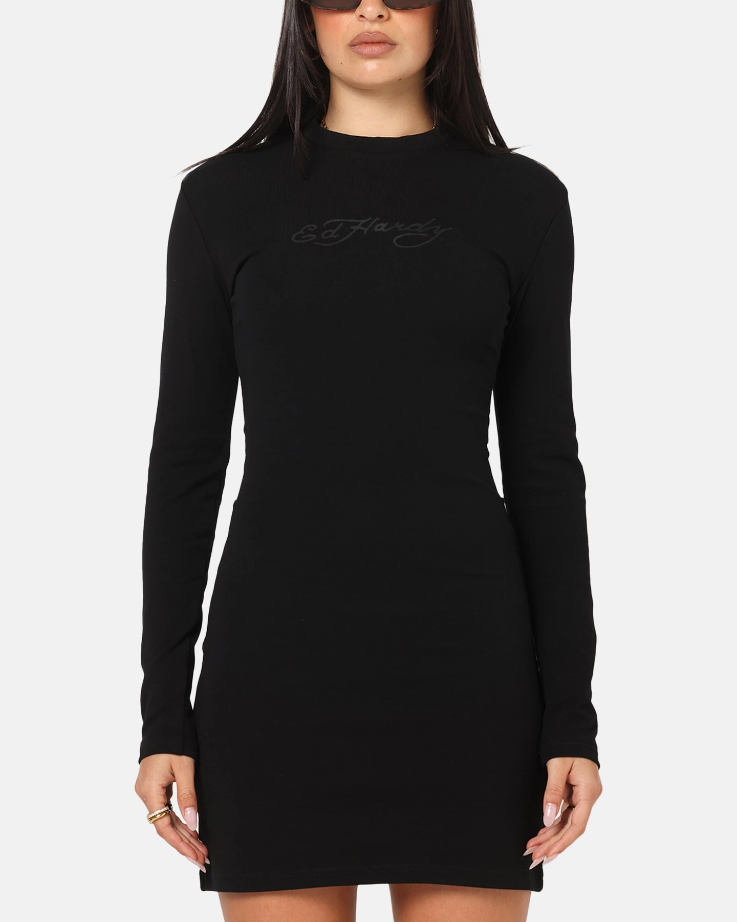 Ed Hardy Women's Revenge Long Sleeve Dress Black Street Casual Elegant Fit