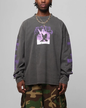 Layering Piece Stylish Fit Loiter Angel Number Long Sleeve T-Shirt Charcoal