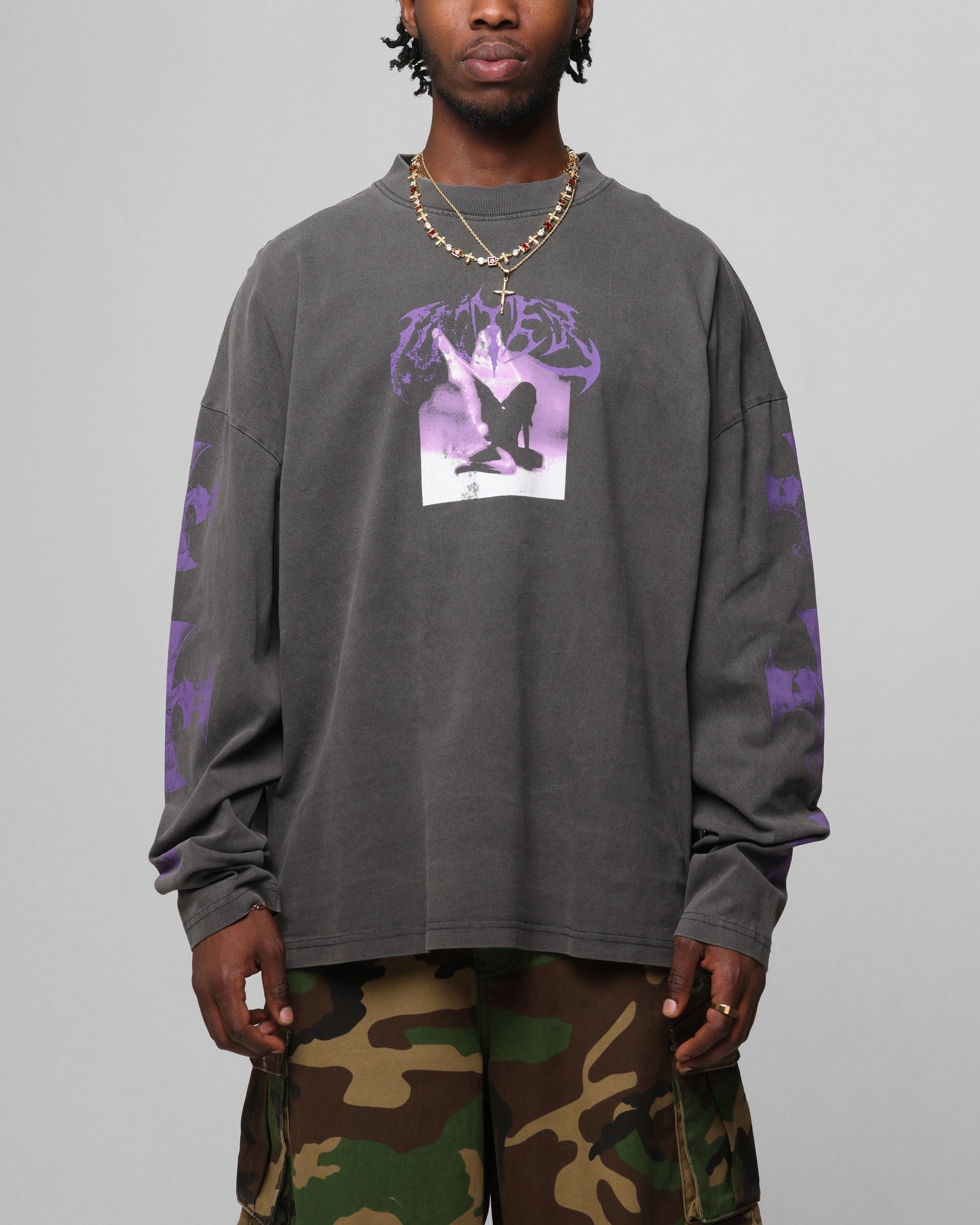 Layering Piece Stylish Fit Loiter Angel Number Long Sleeve T-Shirt Charcoal