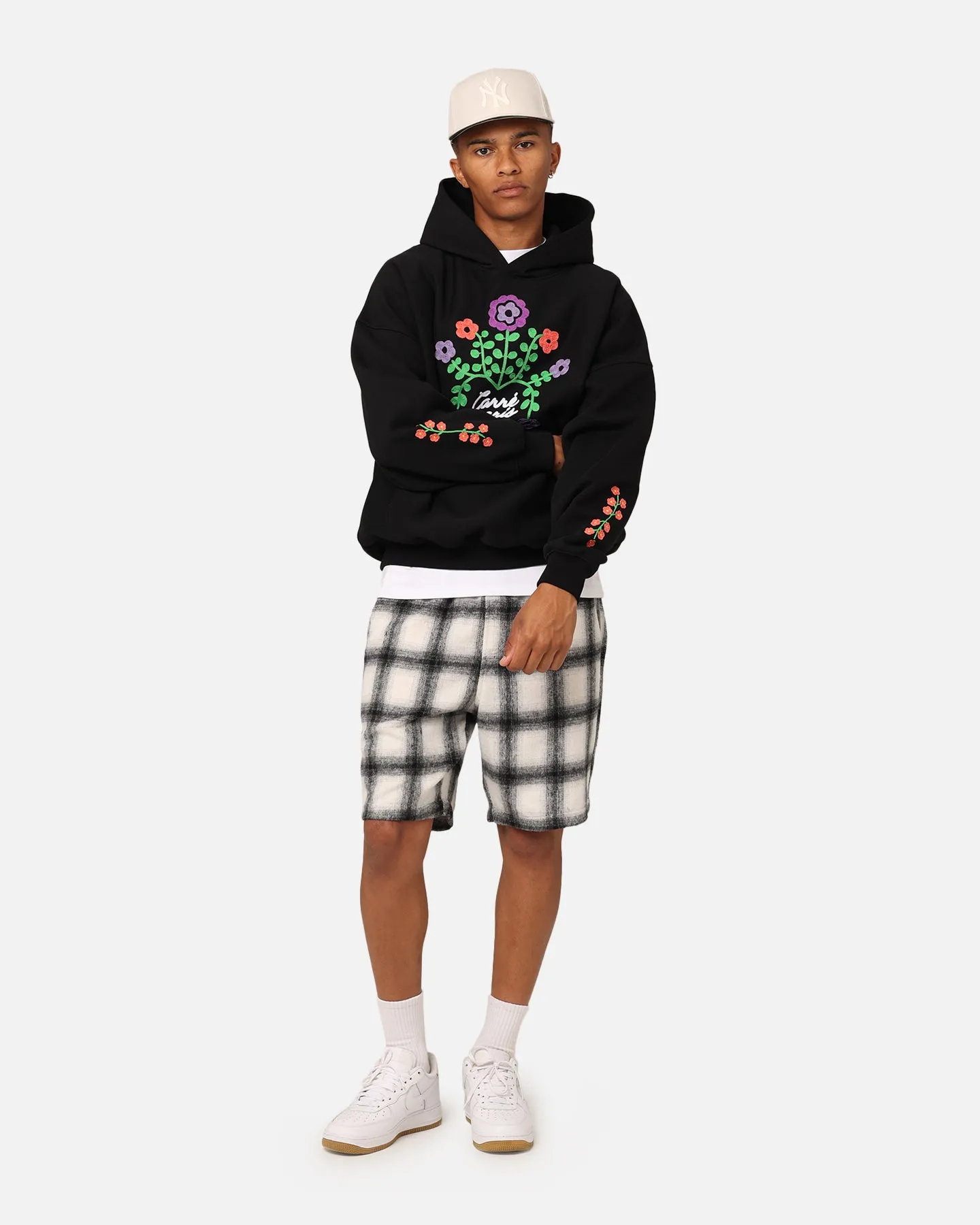 Carre Floraux Oversized Hoodie Black Compressed Packaging Collar Options