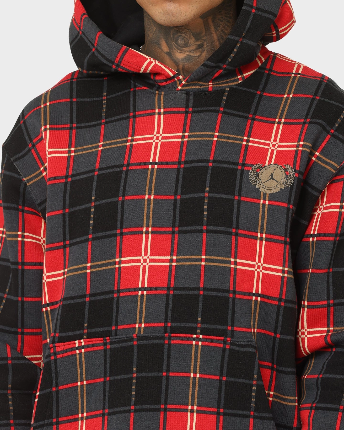 Jordan Essential Holiday Plaid Fleece Pullover Hoodie Fire Red Convertible Features