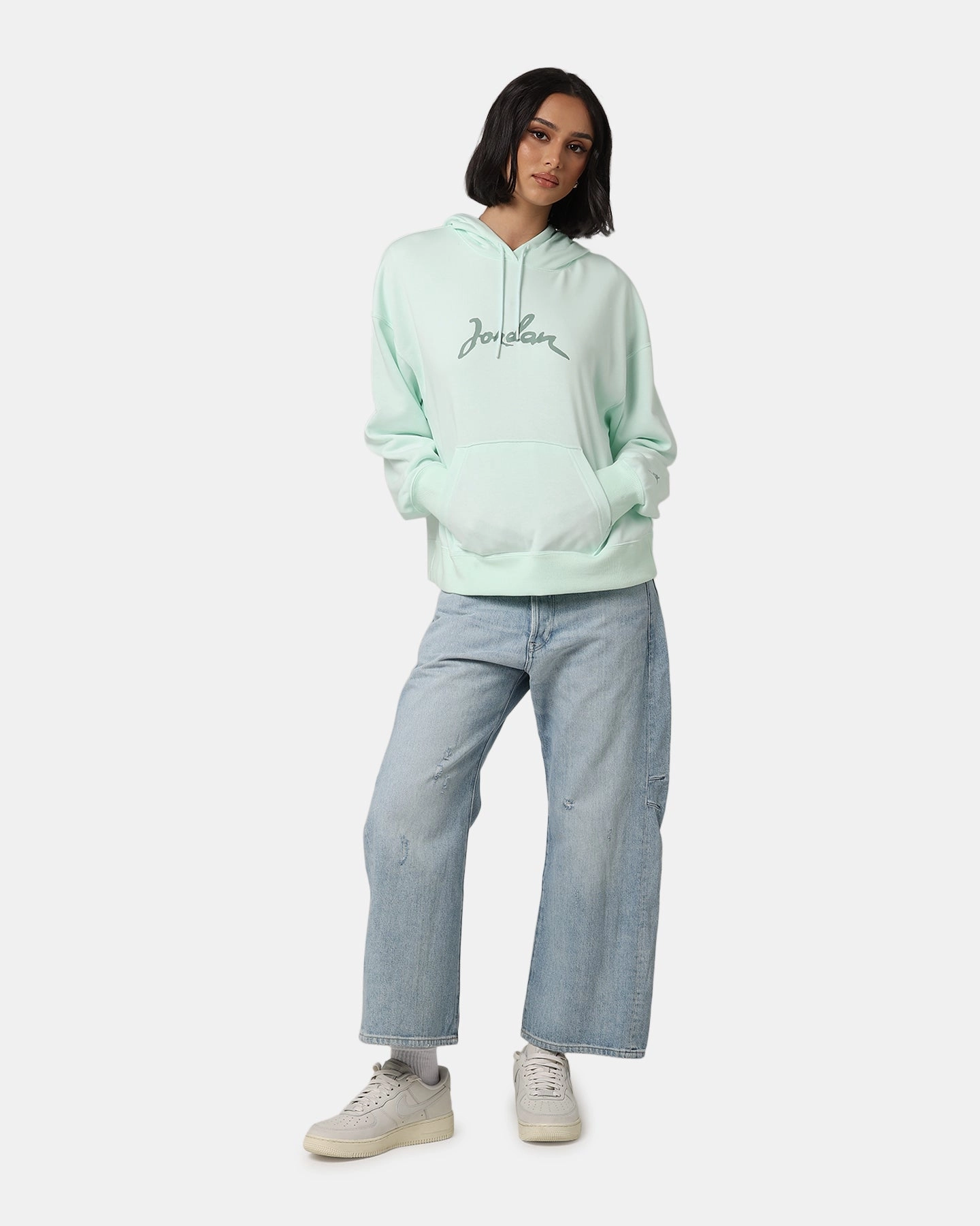 Jordan Women's Brooklyn Fleece Pullover Hoodie Barely Green/Jade Smoke Grid Fleece Lining Product