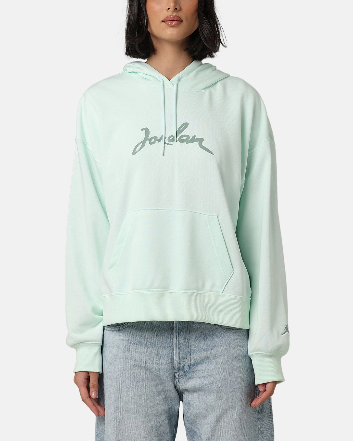 Jordan Women's Brooklyn Fleece Pullover Hoodie Barely Green/Jade Smoke Patch Reinforced Elbow Patches