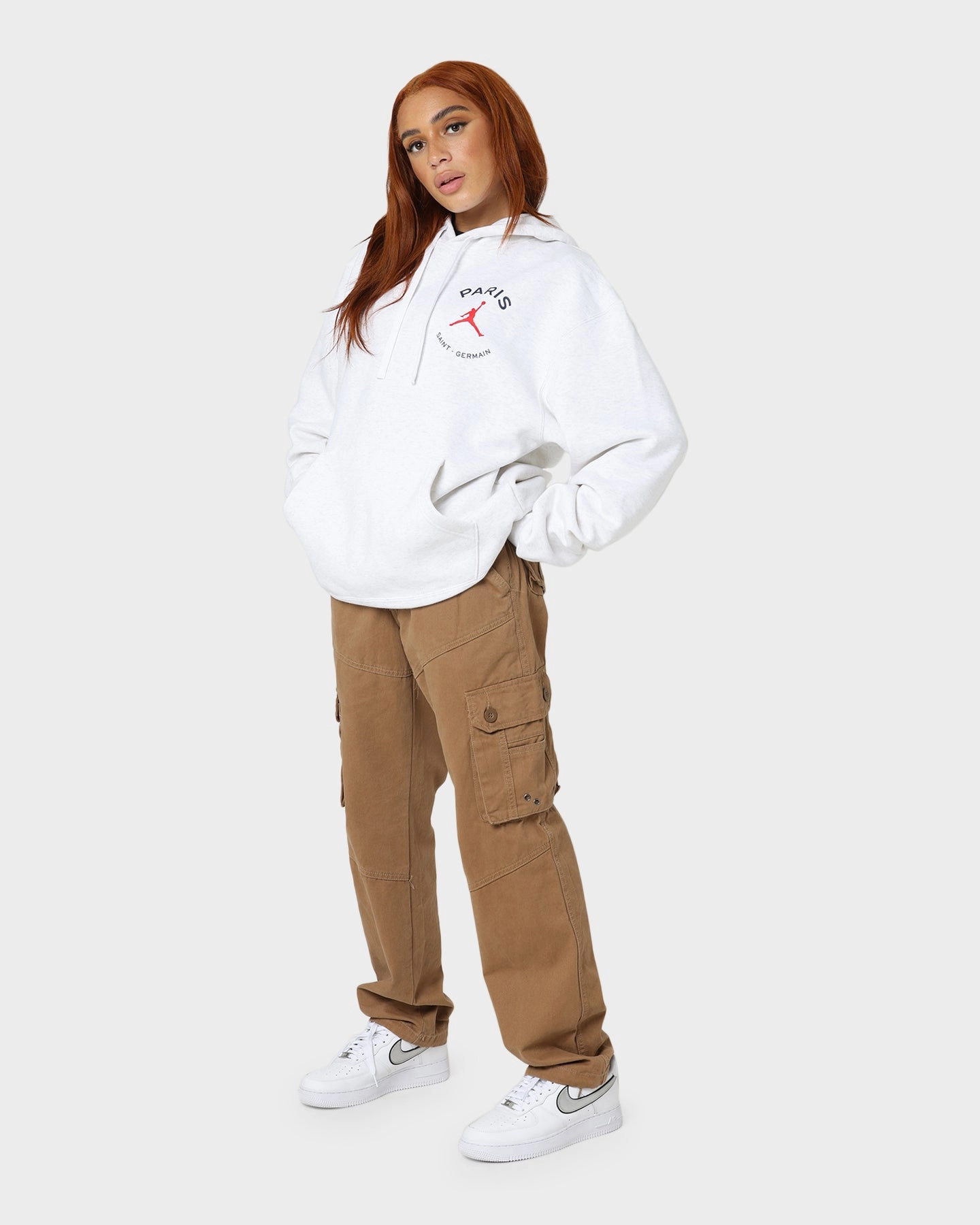 Jordan X Paris Saint-Germain Fleece Pullover Hoodie Birch Heather/Midnight Navy Art