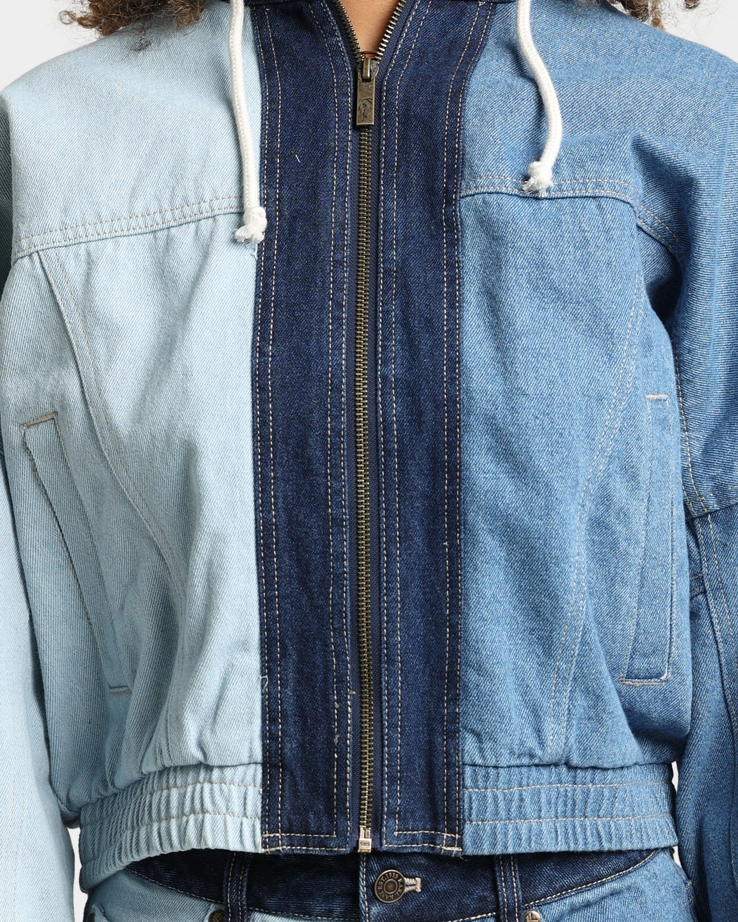 Karl Kani Women's Originals Block Denim Jacket Blue Adjustable Drawstring Hood Zip-up