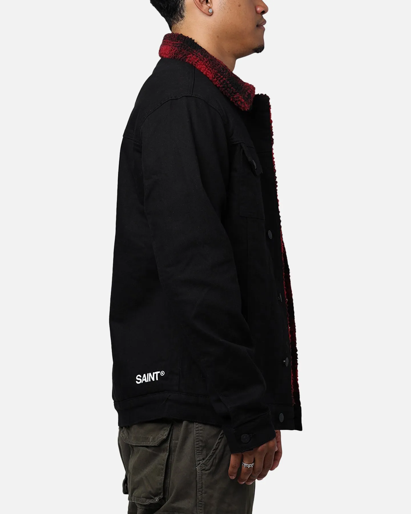 Saint Morta Men's Tartan Sherpa Denim Jacket Black/Red sunglasses Illustrate