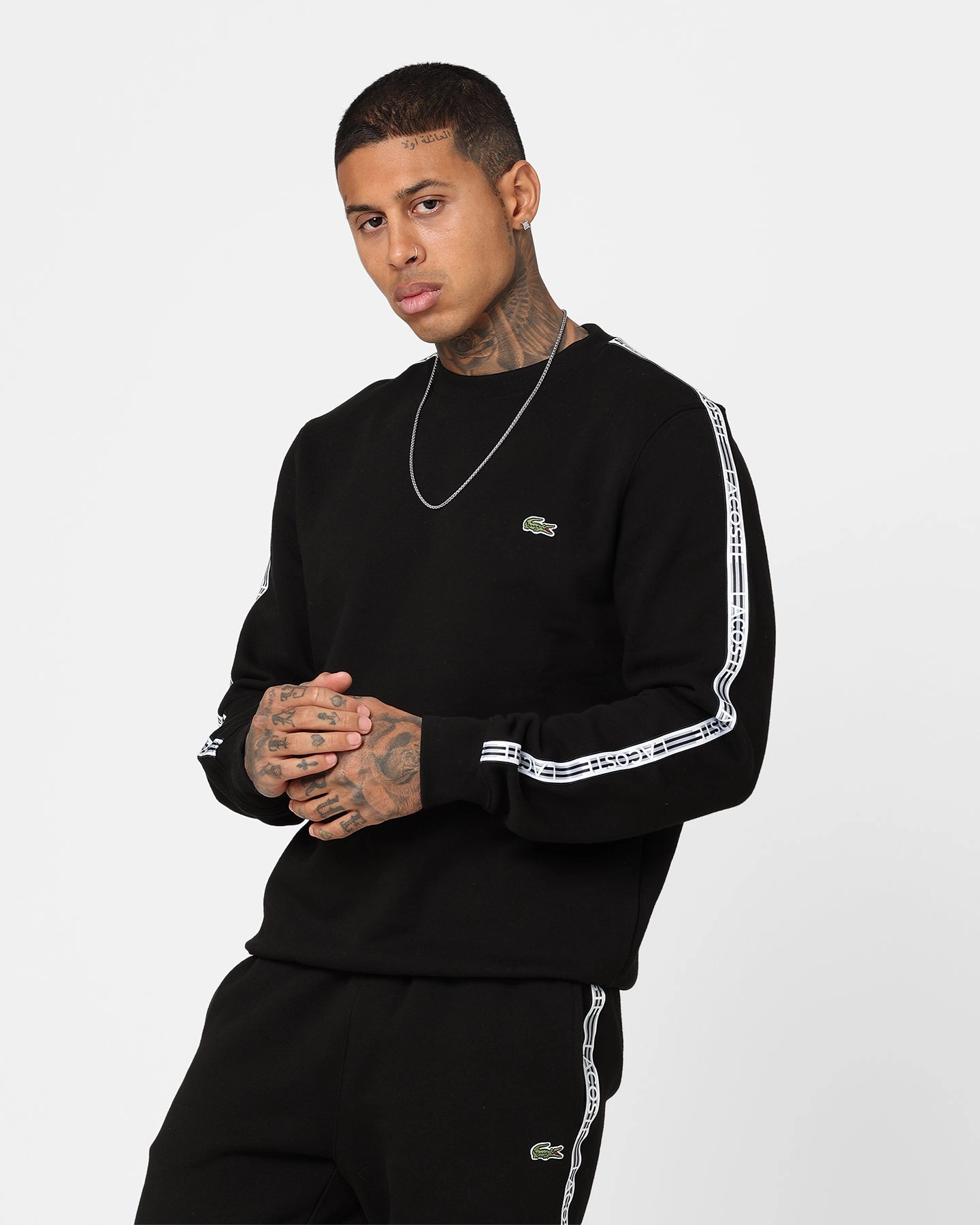 Lacoste Logo Tape Fleece Crewneck Sweatshirt Black Water Resistant Commute