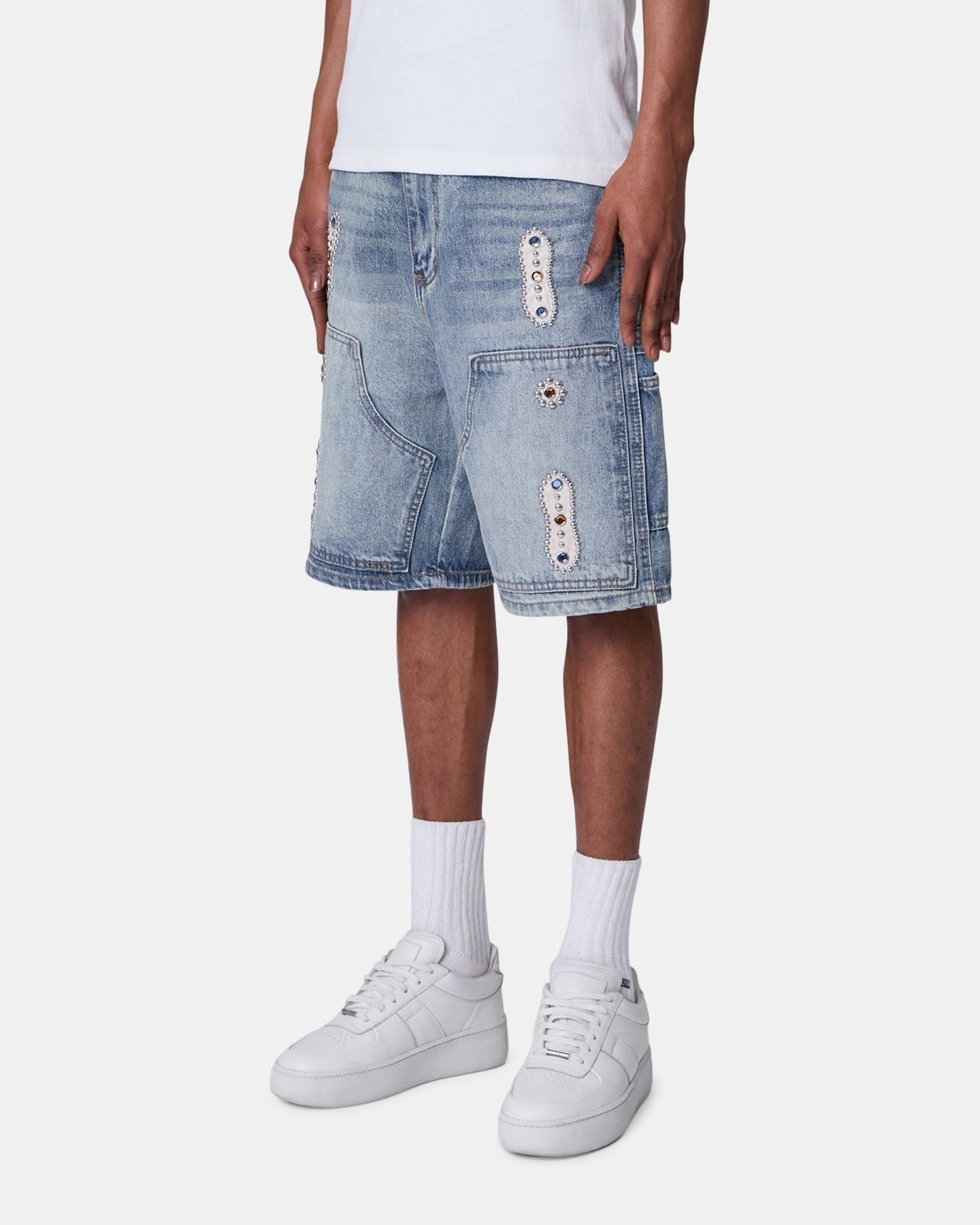 MNML Double Western Jewel Denim Shorts Blue Warm Weather Wear spring shorts