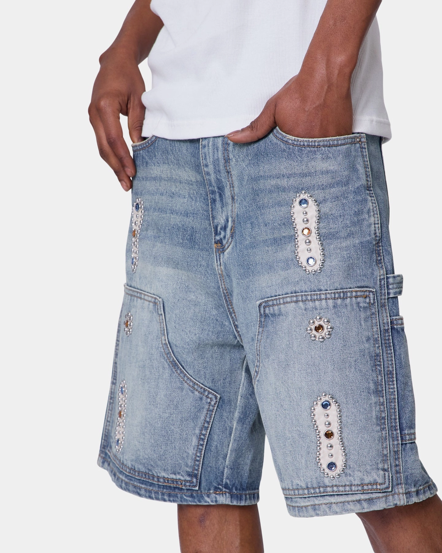 Breathable Design Non Binding Waistline MNML Double Western Jewel Denim Shorts Blue