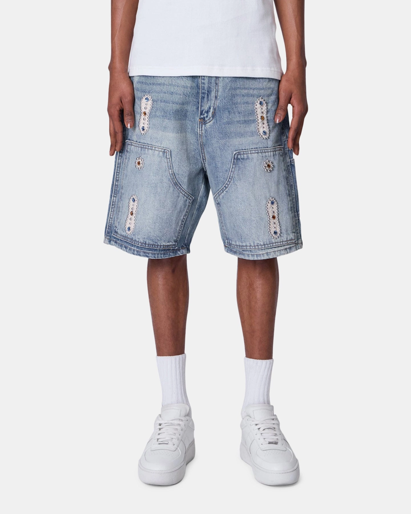 MNML Double Western Jewel Denim Shorts Blue Trendy Style