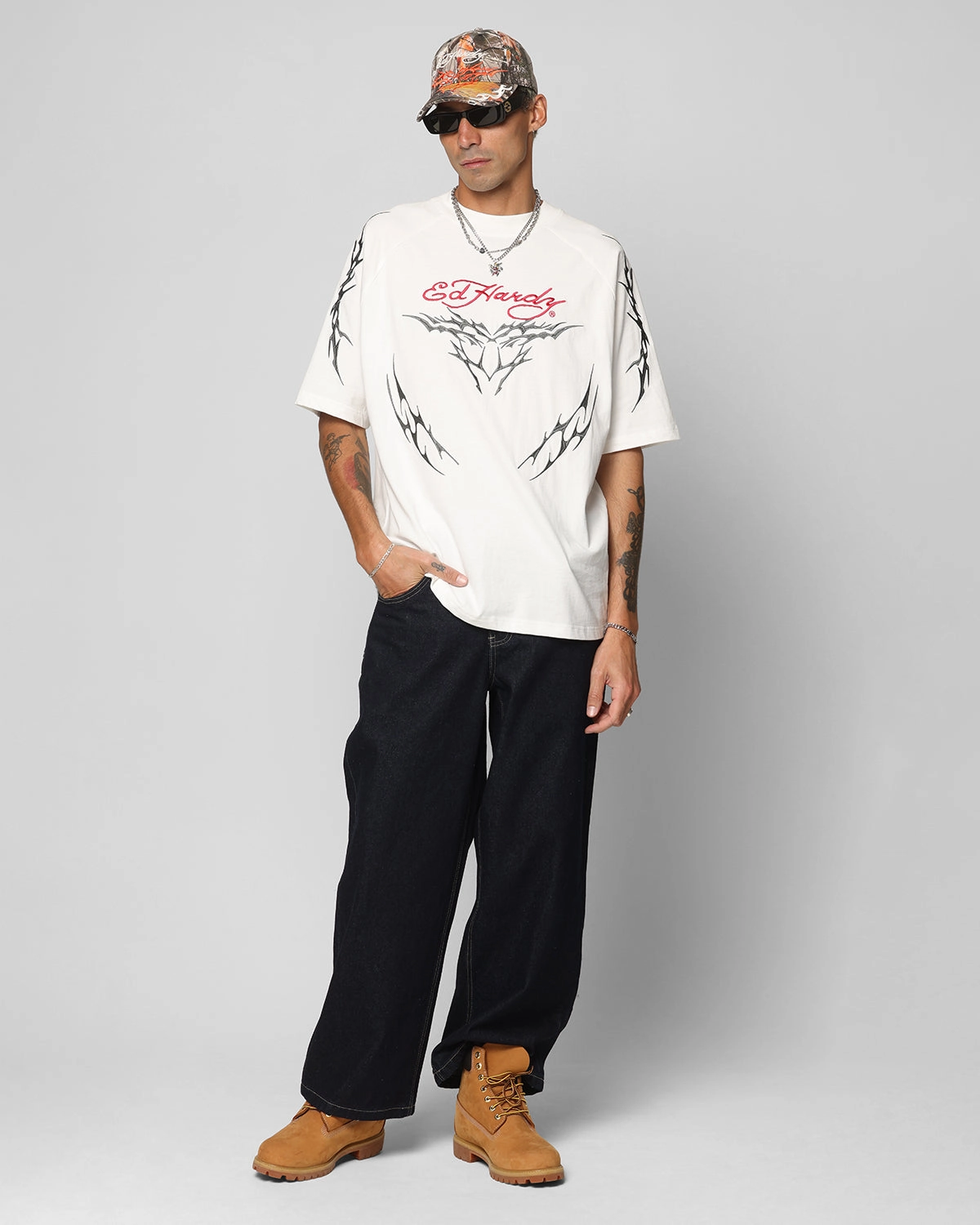 Ed Hardy Wide Leg Skull Jeans Dark Indigo Quick Release Closure High Waist