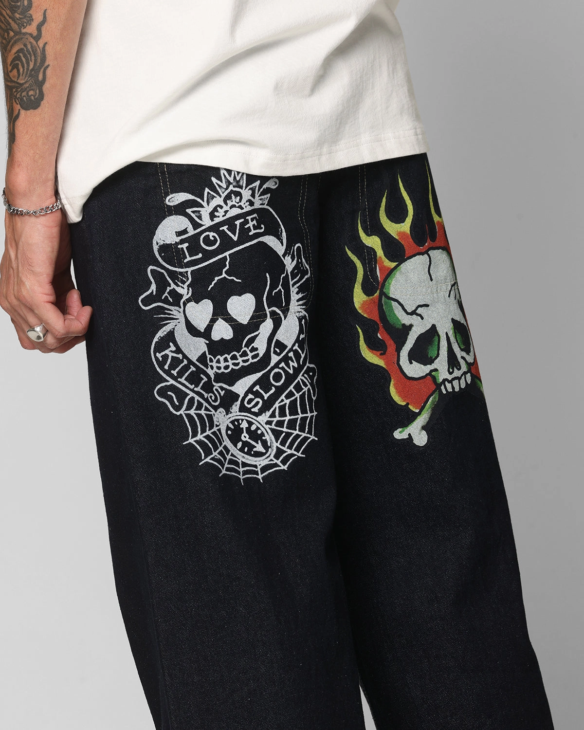 Core Style Stretchable Comfort Ed Hardy Wide Leg Skull Jeans Dark Indigo