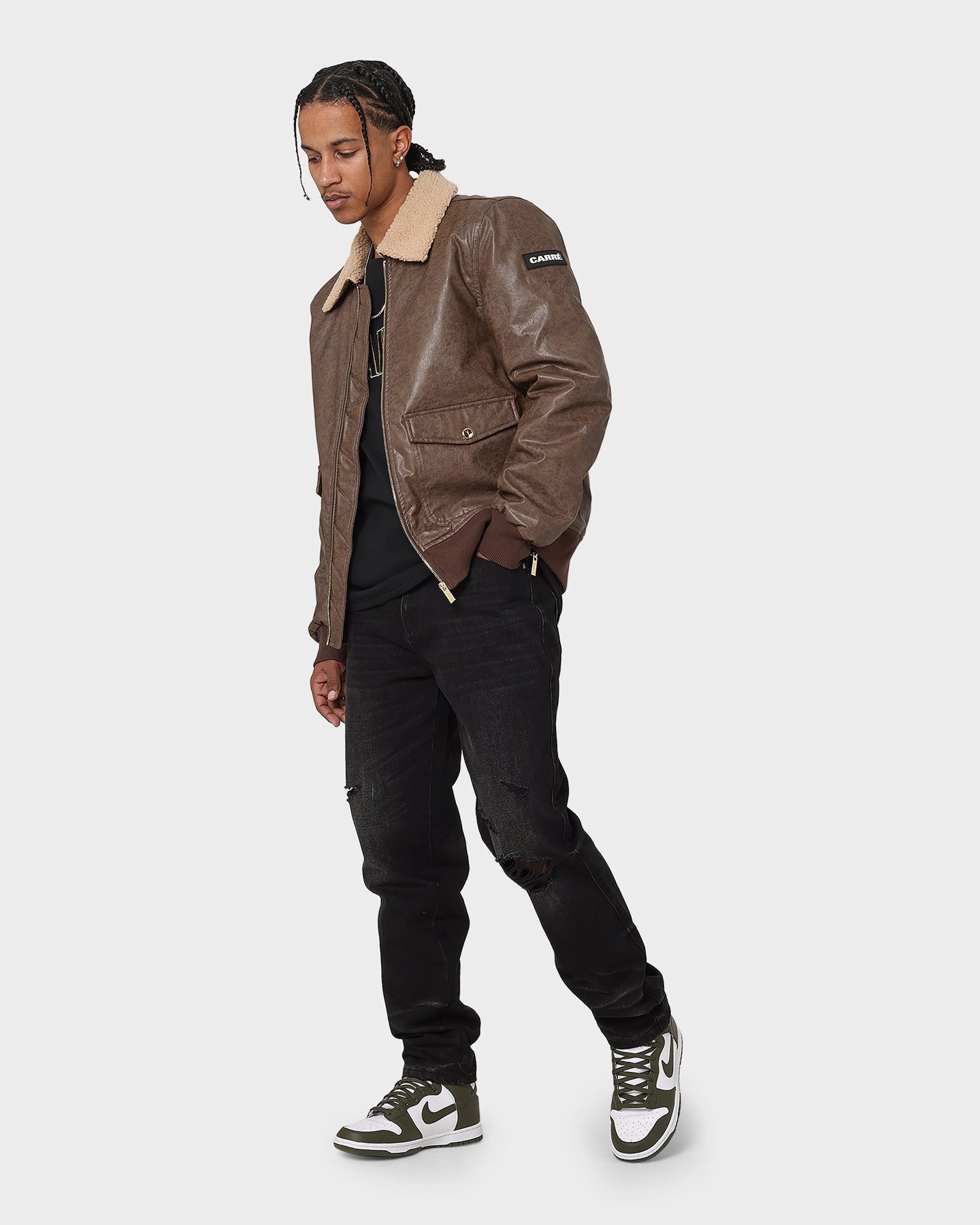 Carr?? Aviateur Leather Bomber Jacket Stone/Black Compassion