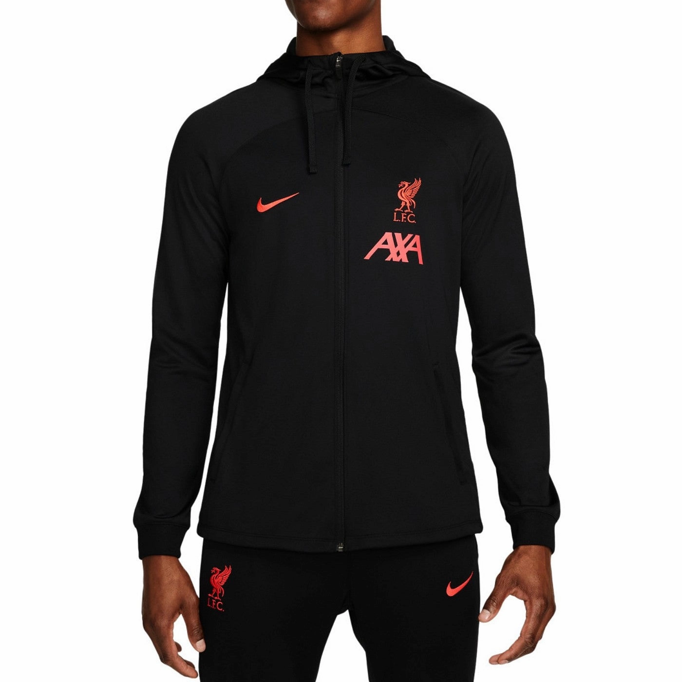 Liverpool FC black hooded presentation soccer tracksuit 2022/23 - Nike HighVisibility Trims Traction Enhancement Pattern