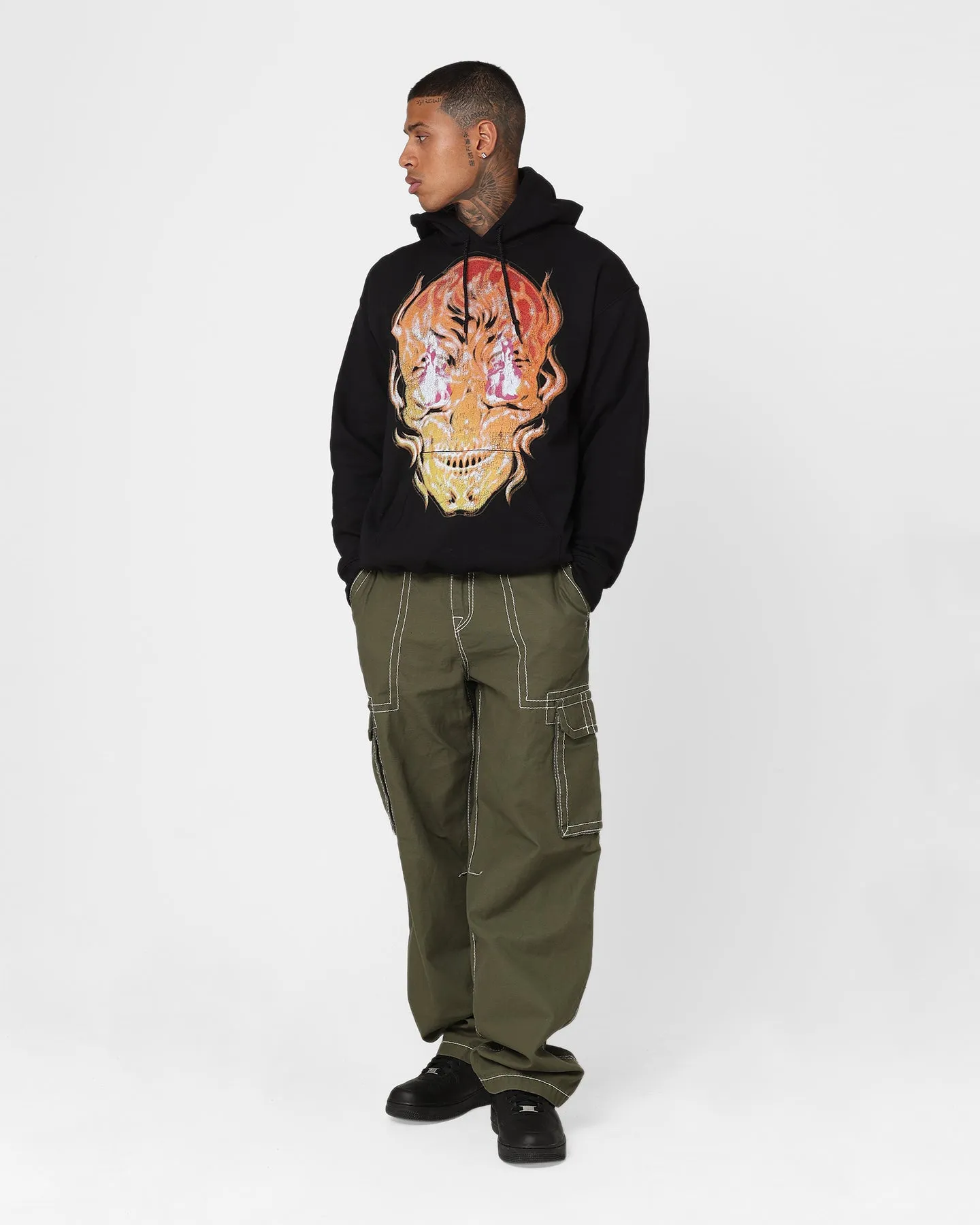 Last Kings Fiery Skull Hoodie Black Red NonRestrictive Armholes