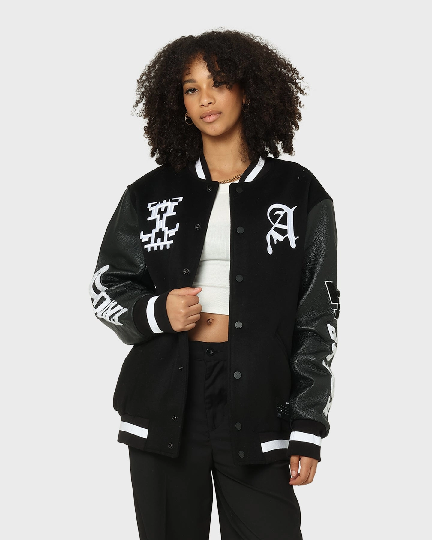The Anti Order Dead Pixel Leather Varsity Jacket Black/White thrift - store find Commuter Fit