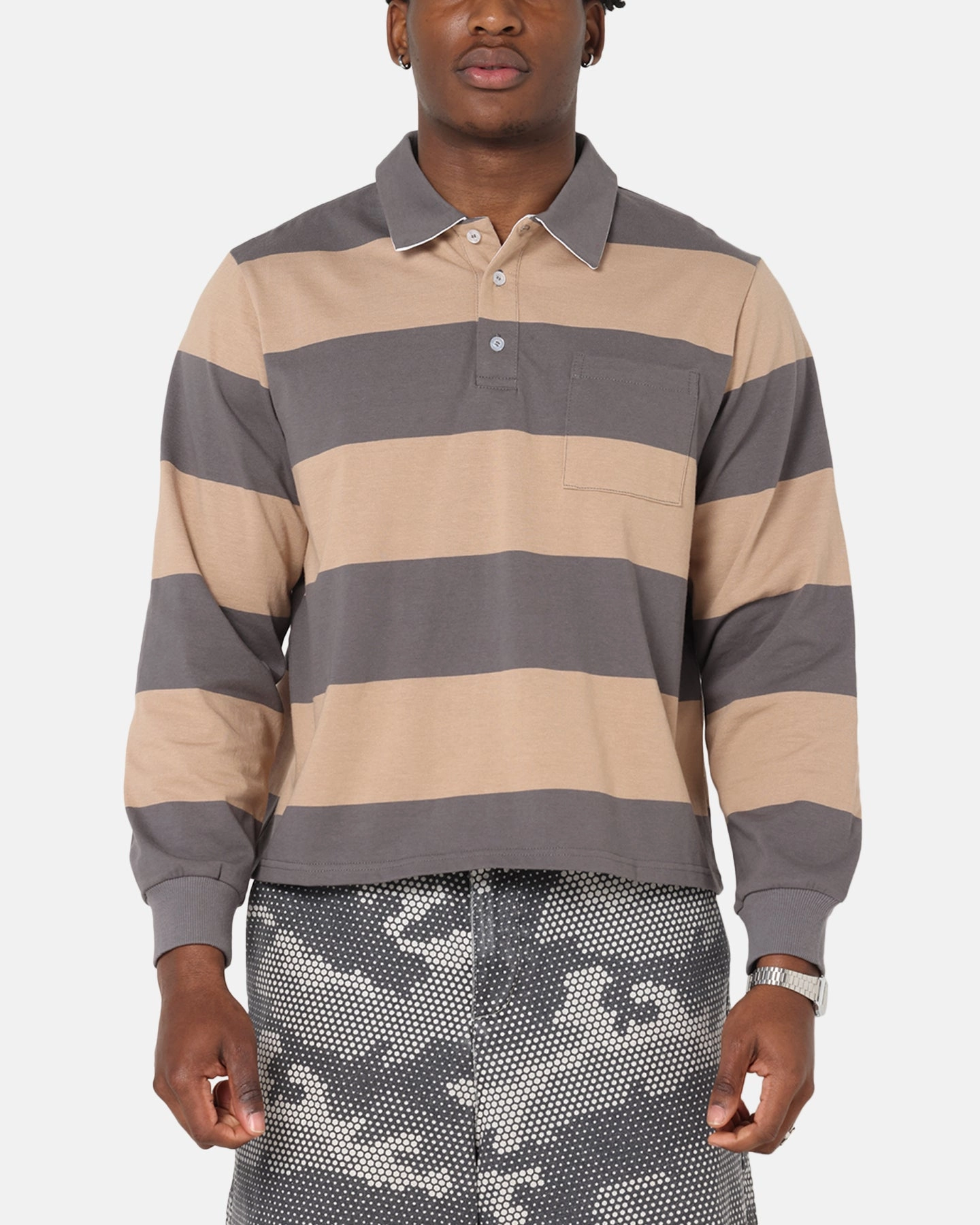 Summer Vacation XXIII Rugby Long Sleeve Polo T-Shirt Charcoal/Tan