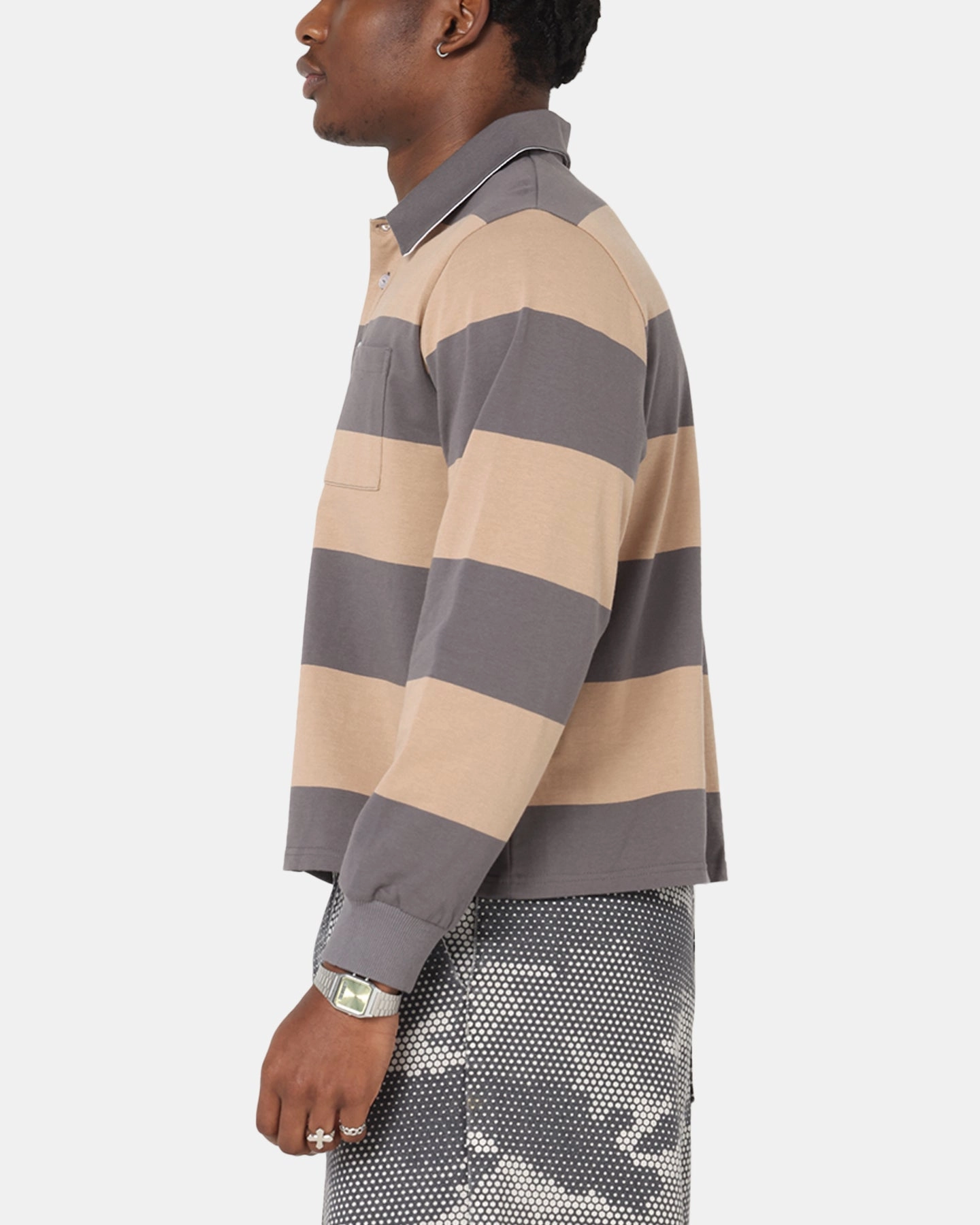 XXIII Rugby Long Sleeve Polo T-Shirt Charcoal/Tan Breathable Material Soft Jersey Fabric