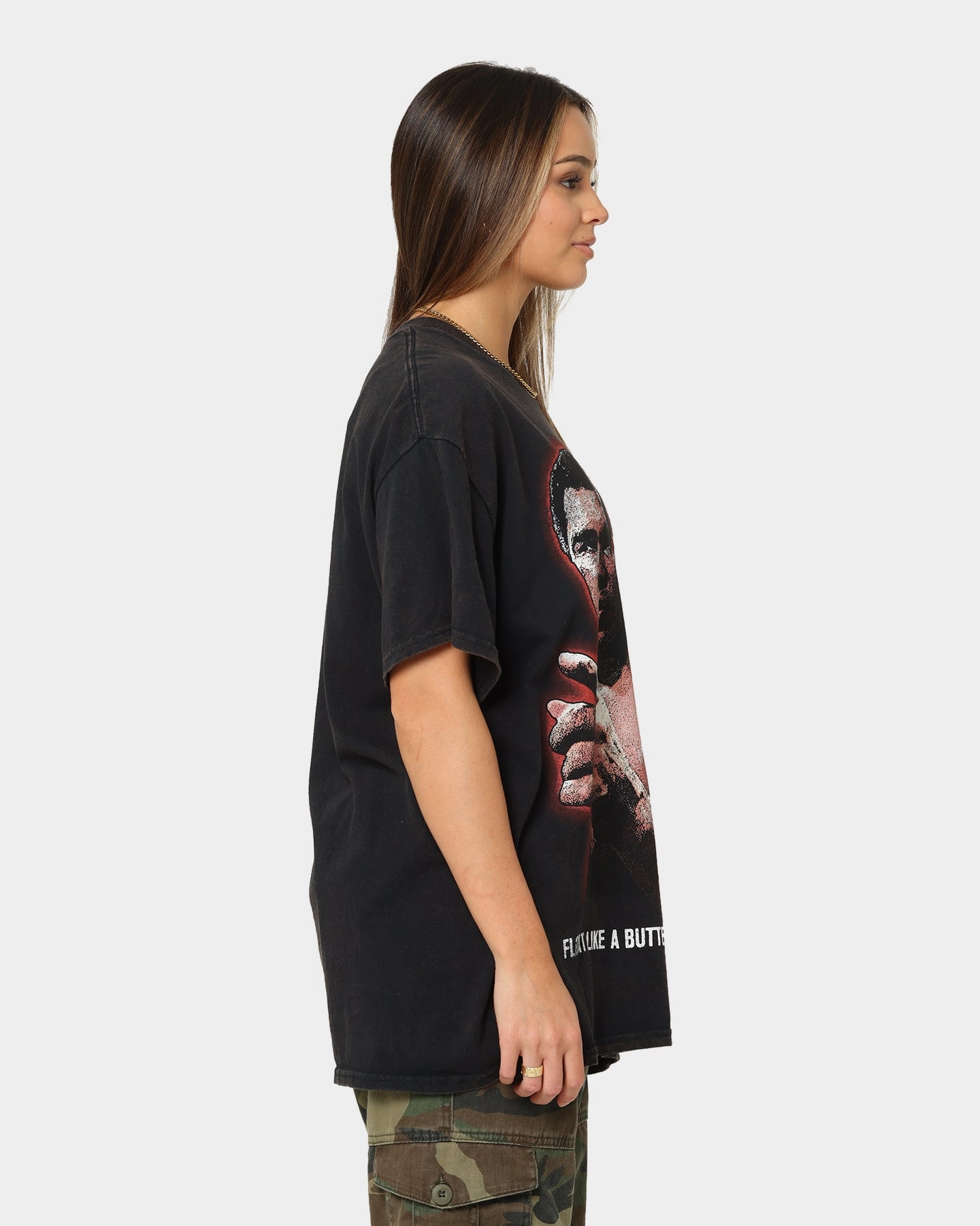 Stylish Details Micro Perforation Goat Crew X Muhammad Ali Slogan T-Shirt Black Wash