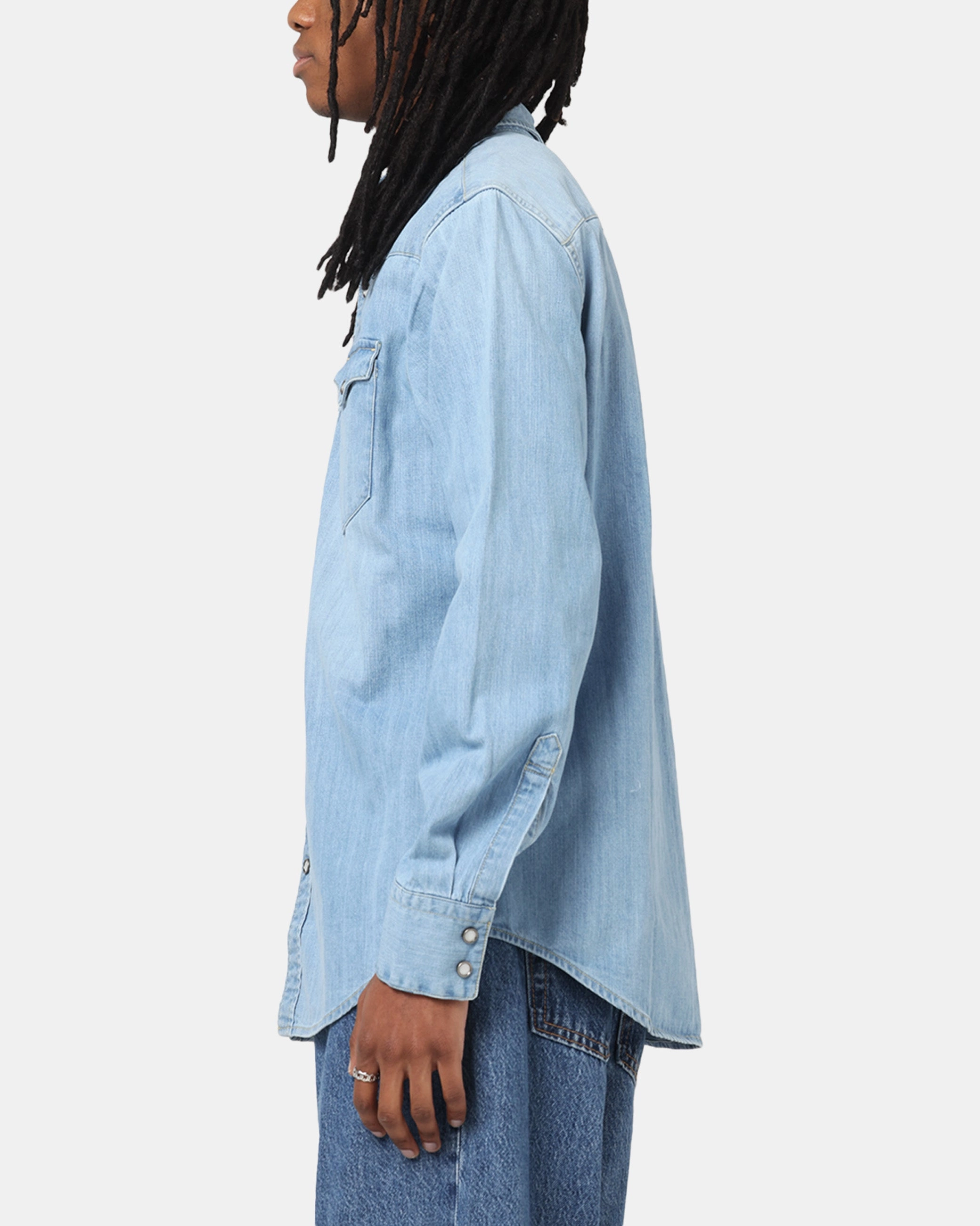 Levi Strauss And Co Barstow Western Standard Denim Button Up Shirt Blue EasyCare Fabric Bold Graphics