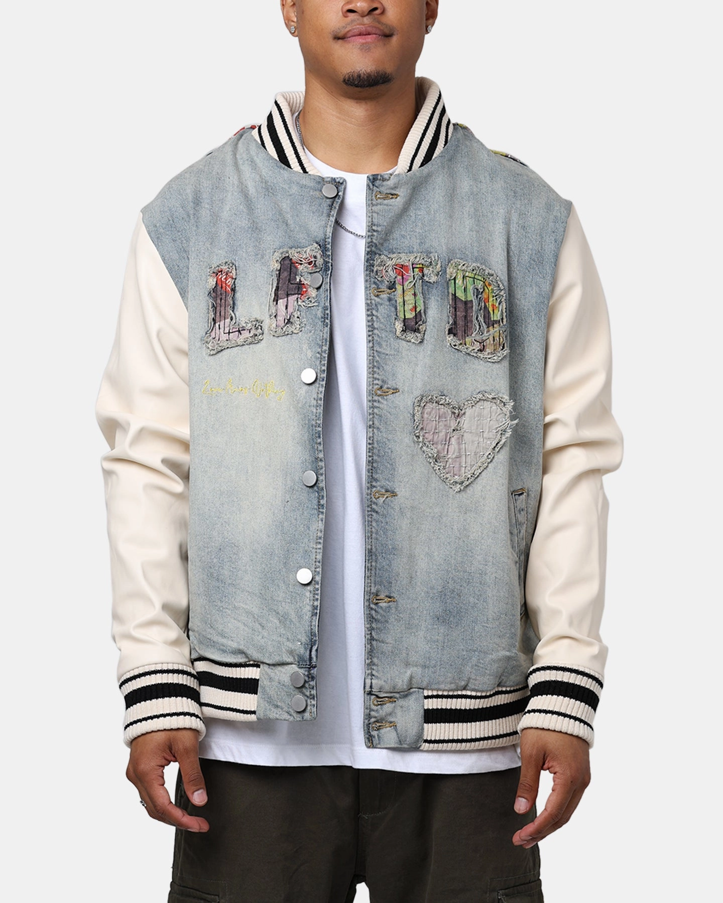 Lifted Anchors "Martina" Boro Denim Varsity Jacket Denim/Cream Double Layered Hood Commuter Ease