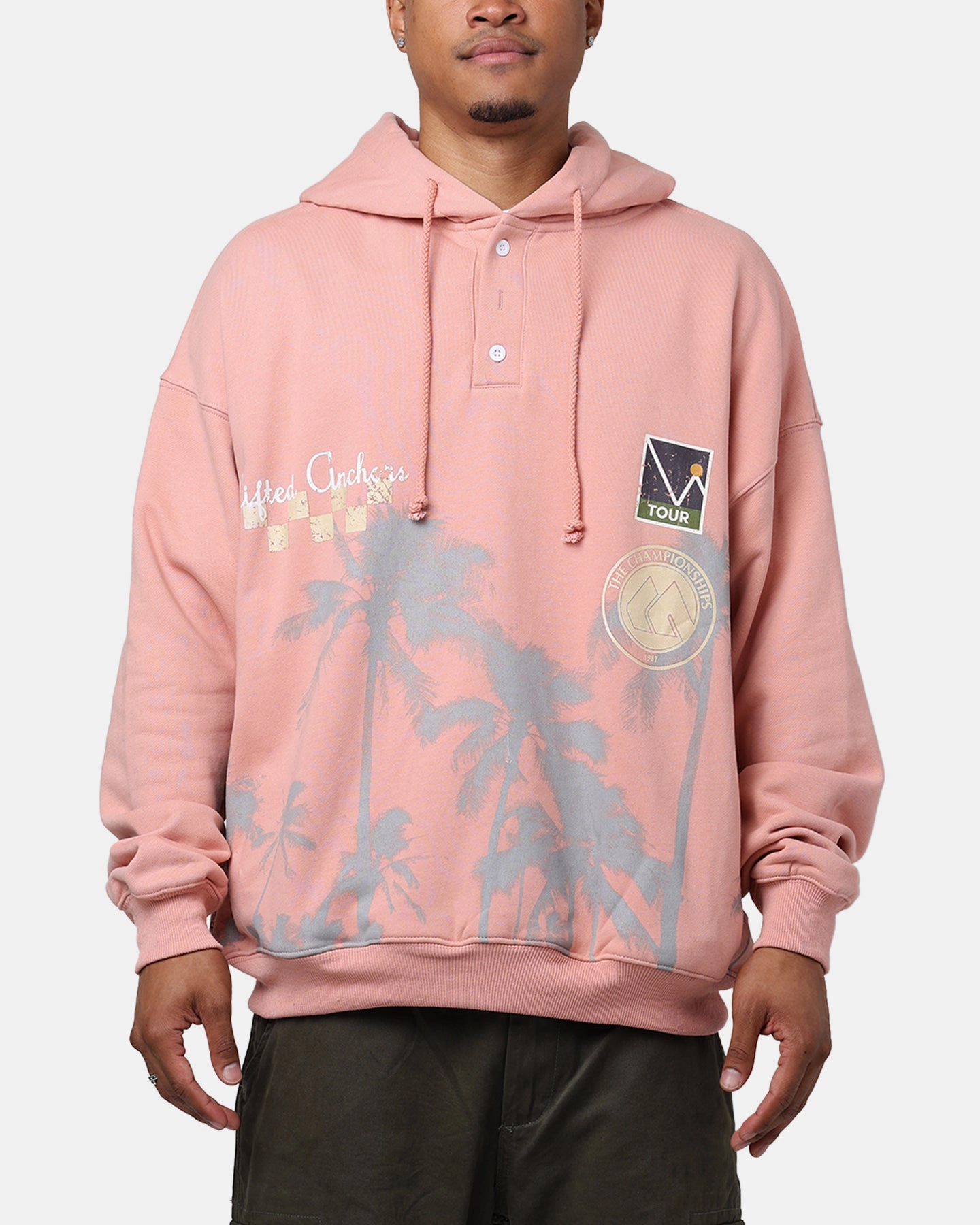 Lifted Anchors "Wimbledon" Henley Hoodie Dust Rose Printed Embroidered