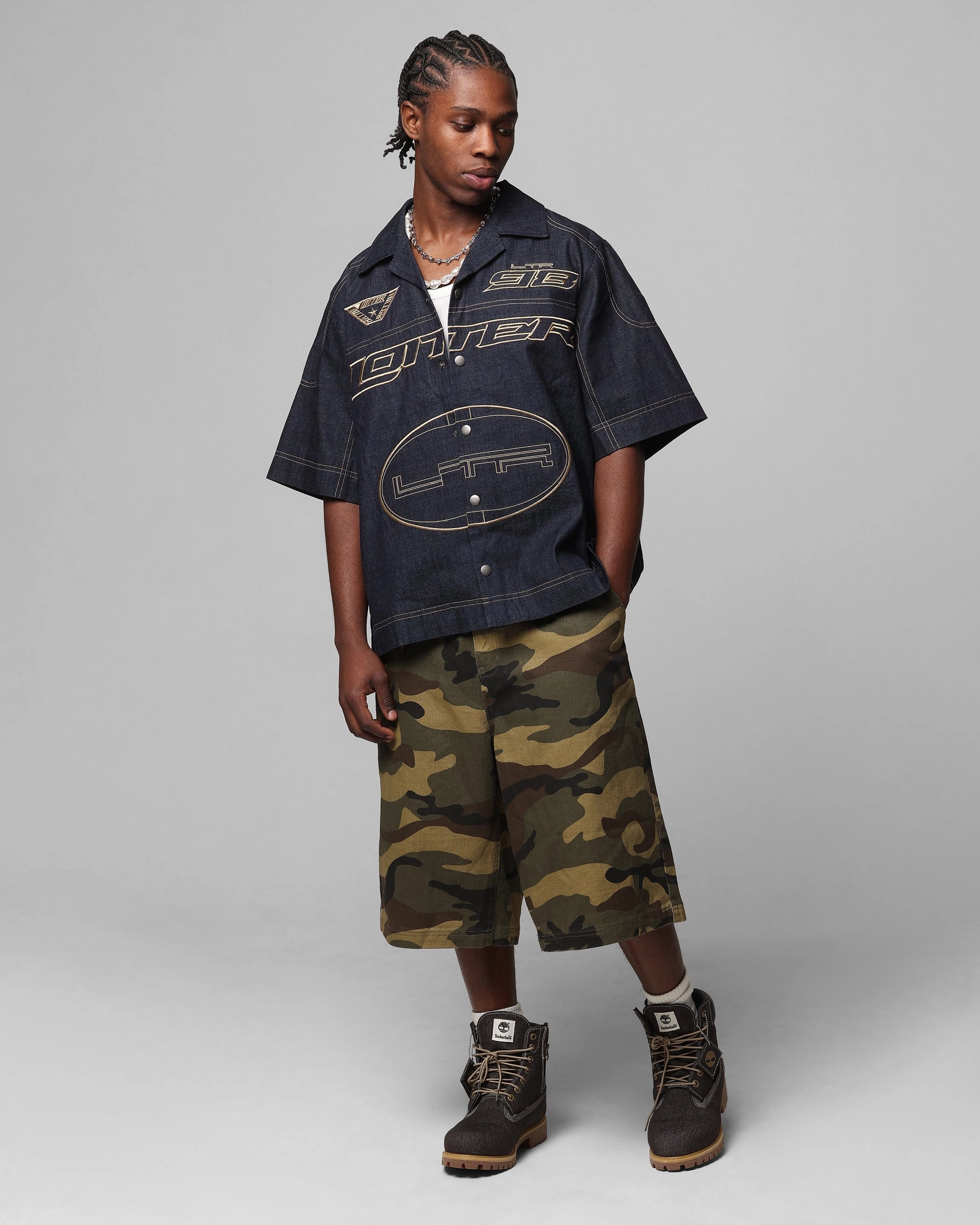 Day-To-Night Wear Roll-Up Sleeve Loiter Motor Denim Button Up Shirt Indigo