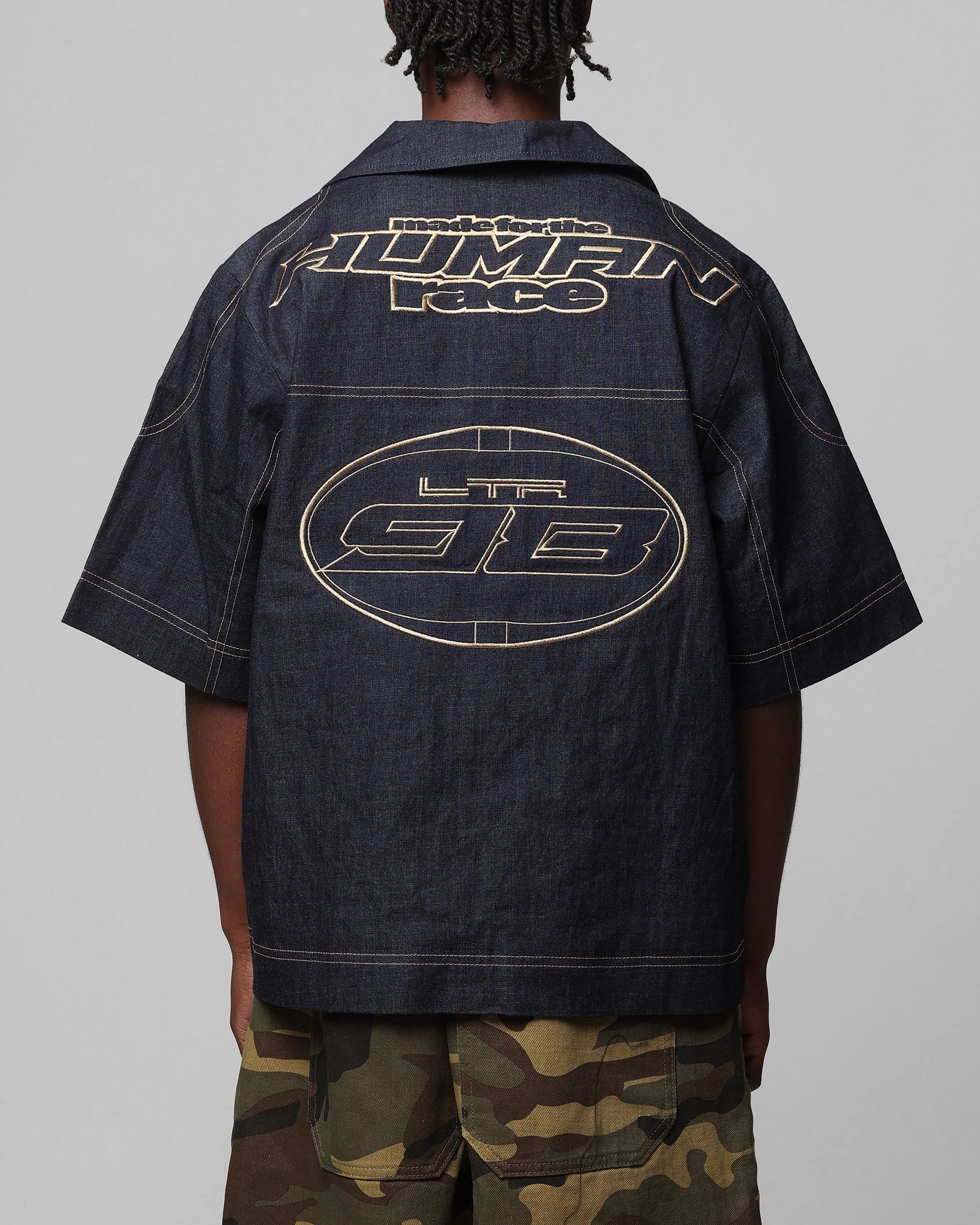 Loiter Motor Denim Button Up Shirt Indigo stain resistant coating Solid Color