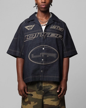 Anniversary Celebration Loiter Motor Denim Button Up Shirt Indigo