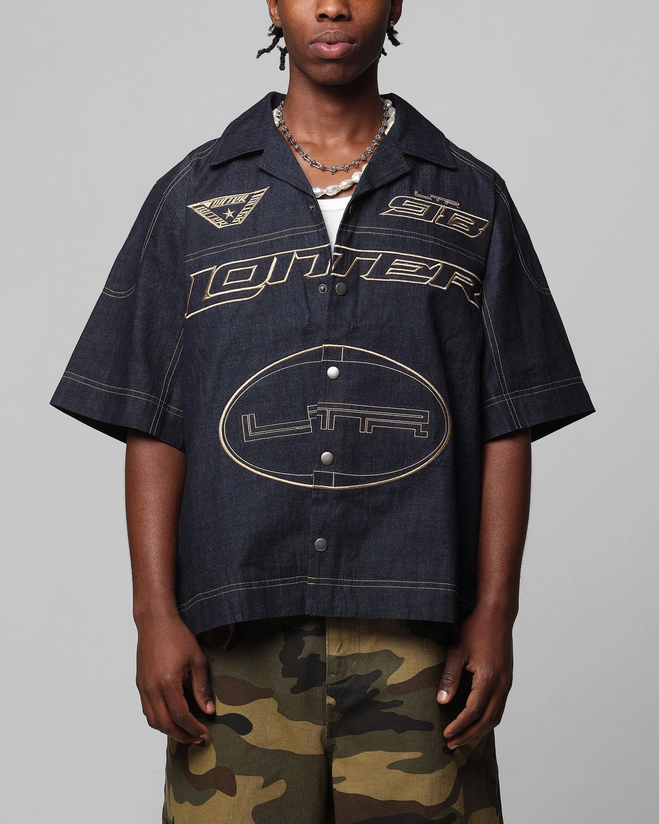 Anniversary Celebration Loiter Motor Denim Button Up Shirt Indigo