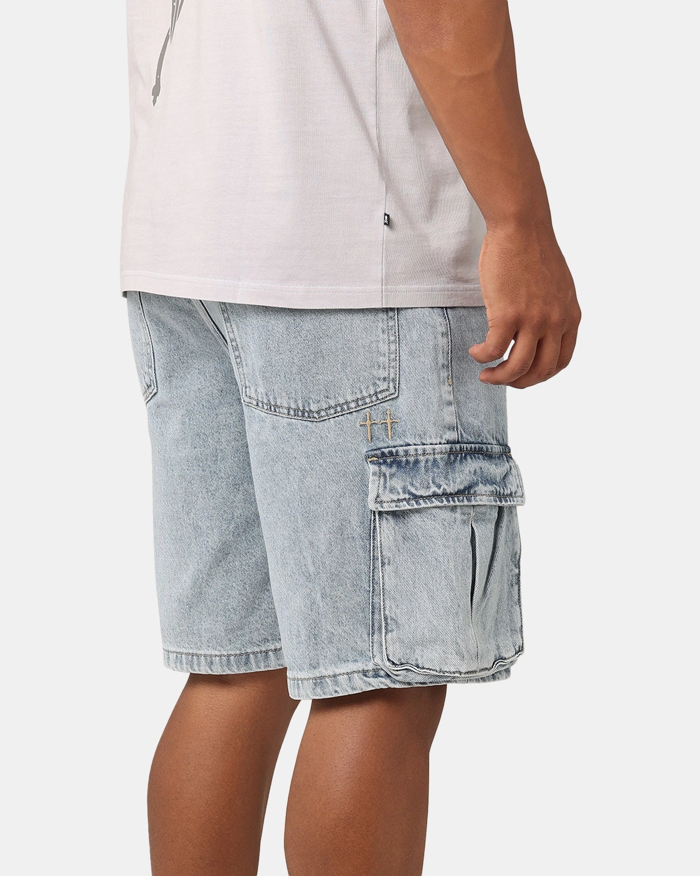 Saint Morta Denim Cargo Shorts Light Blue Denim Lightweight Weave ZipperedSecurity