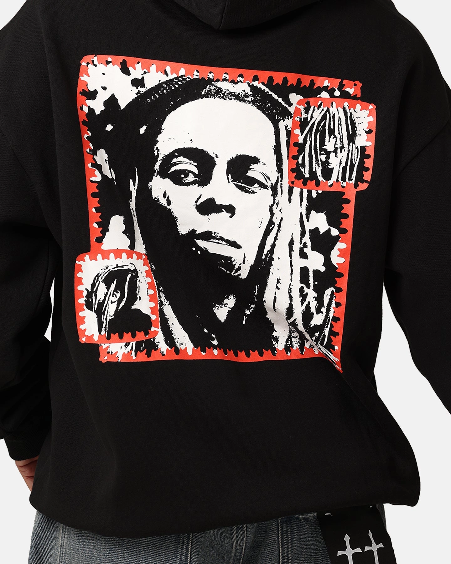 Embroidered Lightweight Fill Lil Wayne Red Frame Hoodie Black
