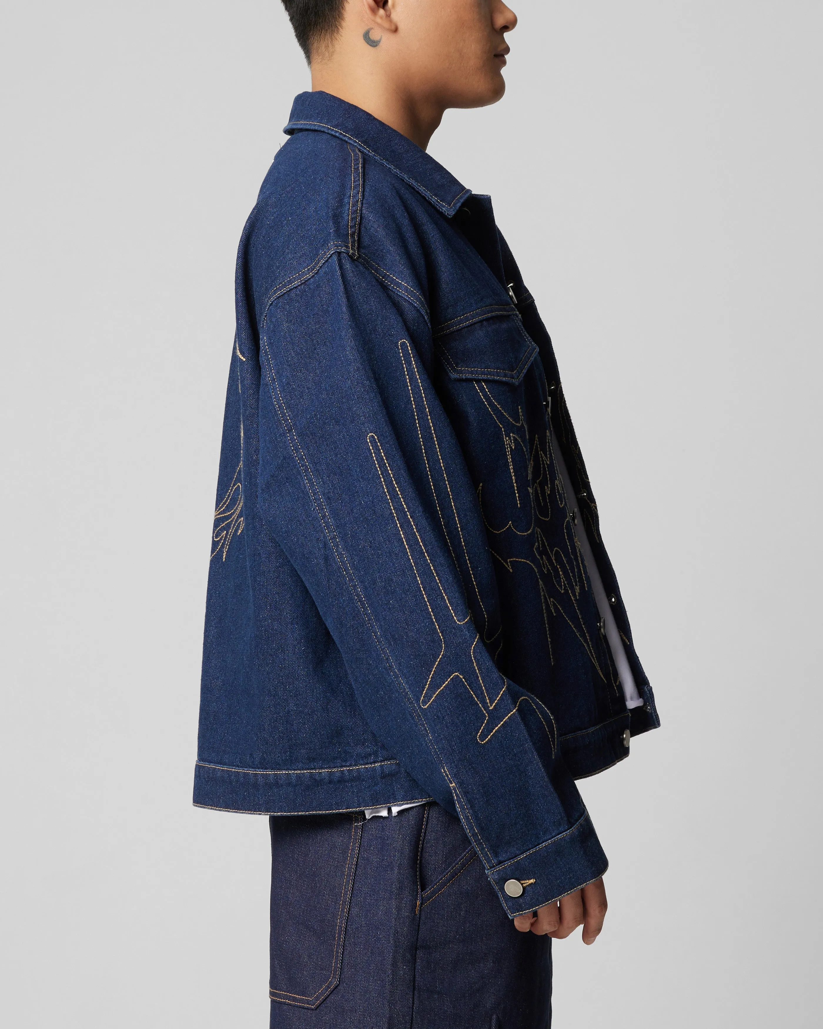 Loiter Chaos Denim Jacket Indigo mountain scene