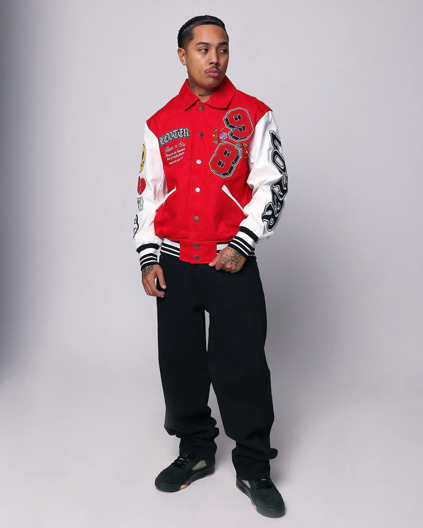 Loiter Flaws Varsity Jacket Red/Off White Reflective Detailing Model