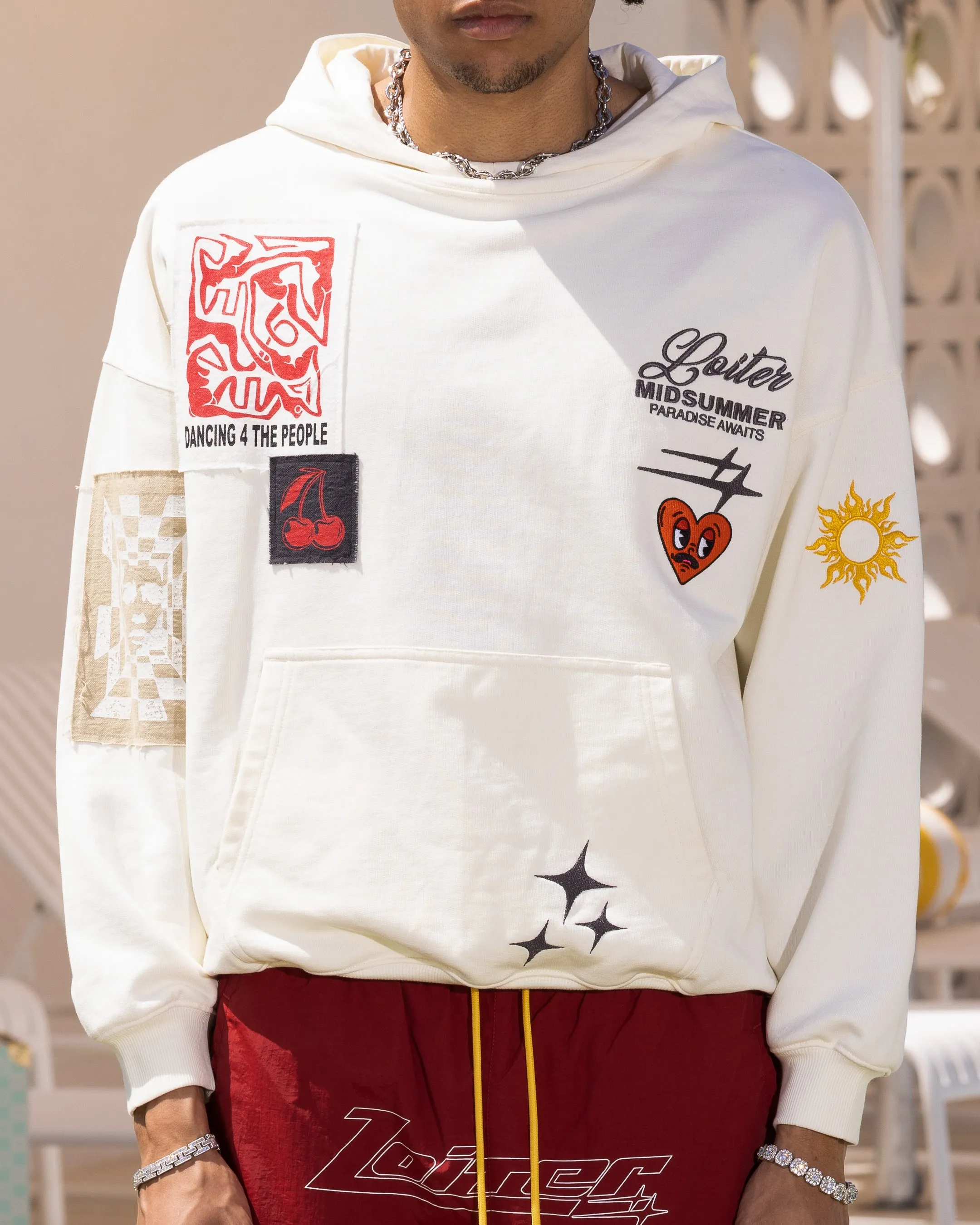 Loiter Patchwork Hoodie Off White Ribbed Cuffs
