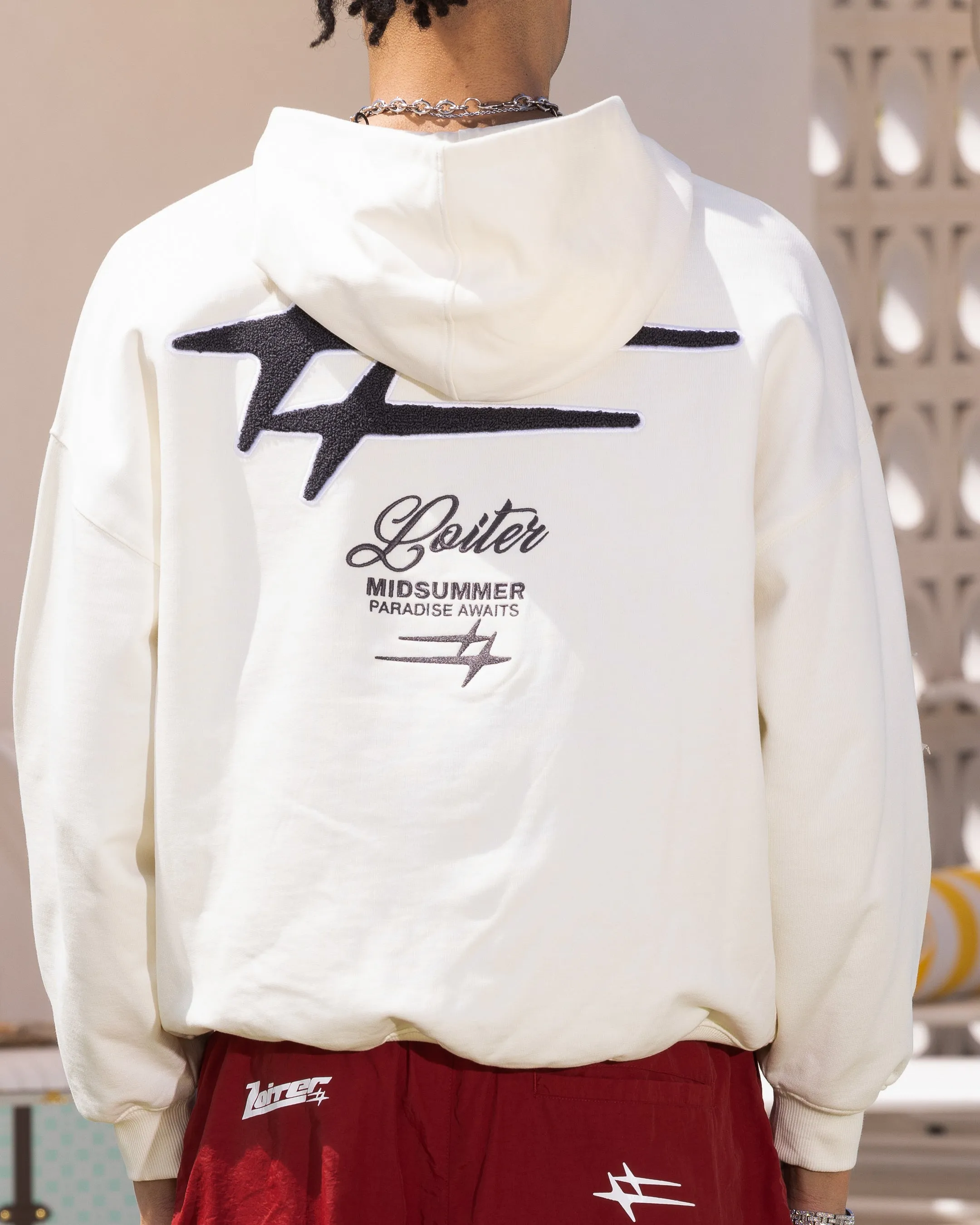 Loiter Patchwork Hoodie Off White Rollaway Collar Feature Minimal Utility