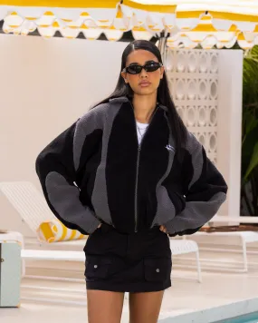 Layered Security Pockets Hexagonal Quilted Pattern Loiter Spire Fleece Jacket Black